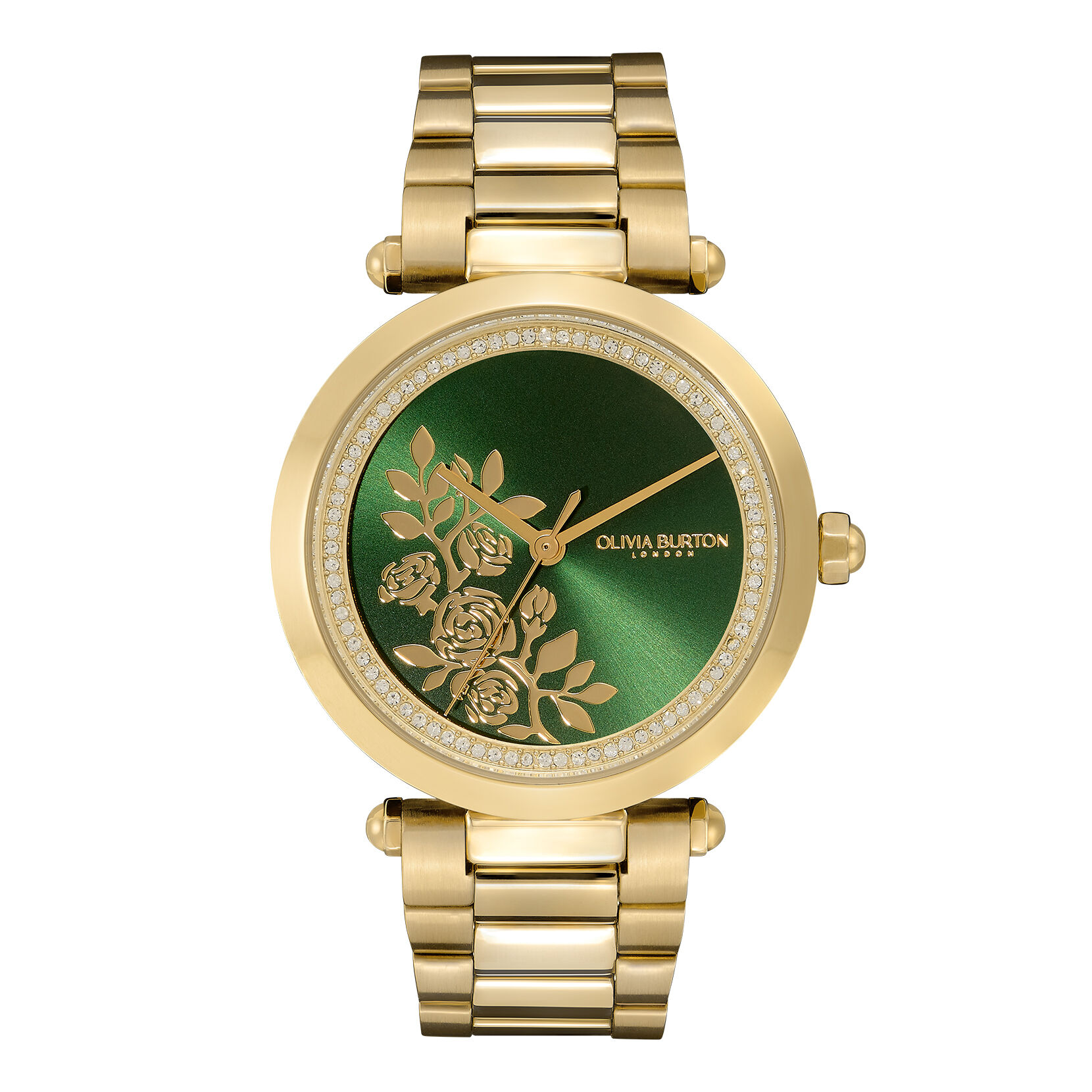 Signature 34mm Floral T-Bar Green & Gold Bracelet Watch | Olivia