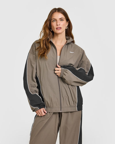 Oversized Piped Woven Track Jacket in Moss Brown | Oner Active US