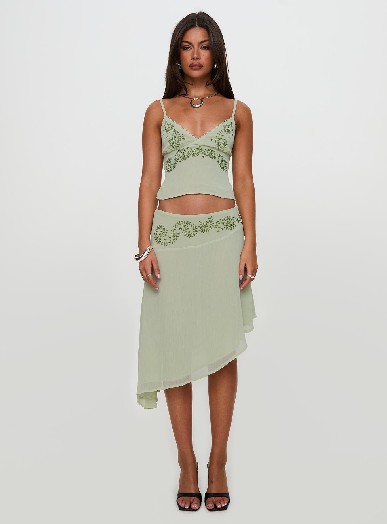 Pappilion Asymmetrical Midi Skirt Sage Petite | Princess Polly