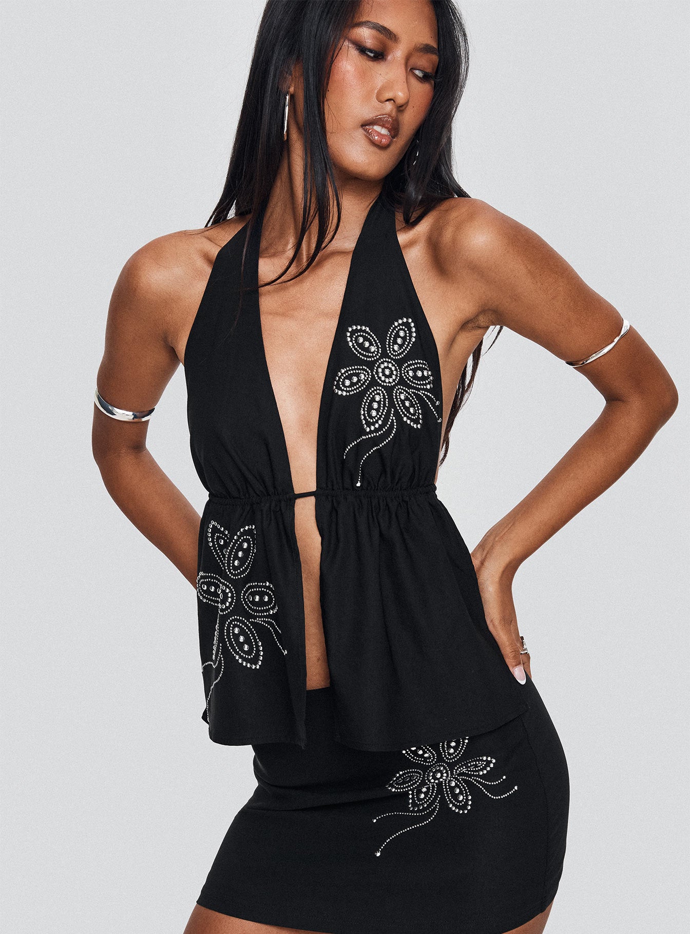 Quotation Diamante Halter Backless Top Black | Princess Polly