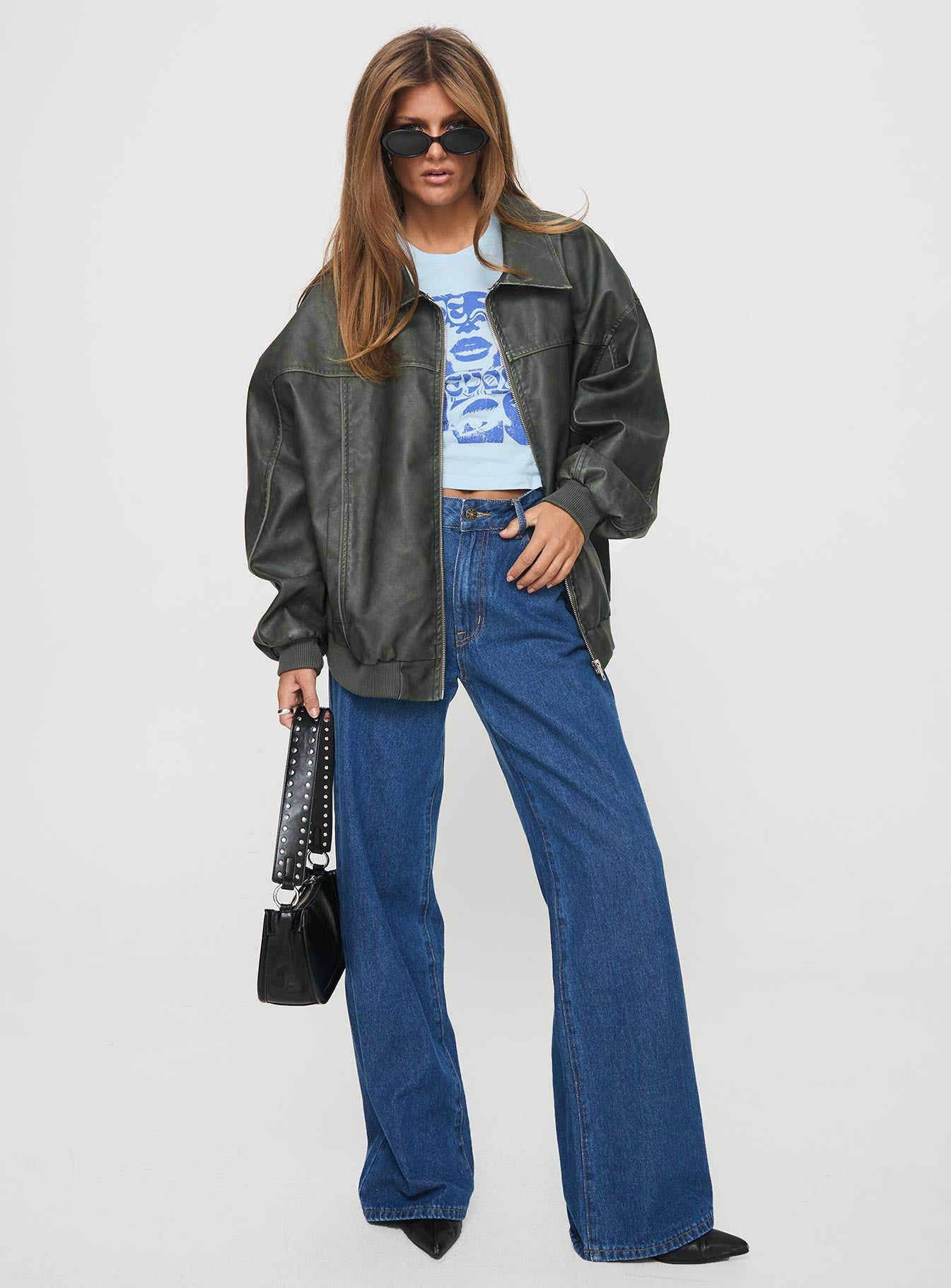 Goldsmith Faux Leather Bomber Jacket Washed Forest | Princess Polly