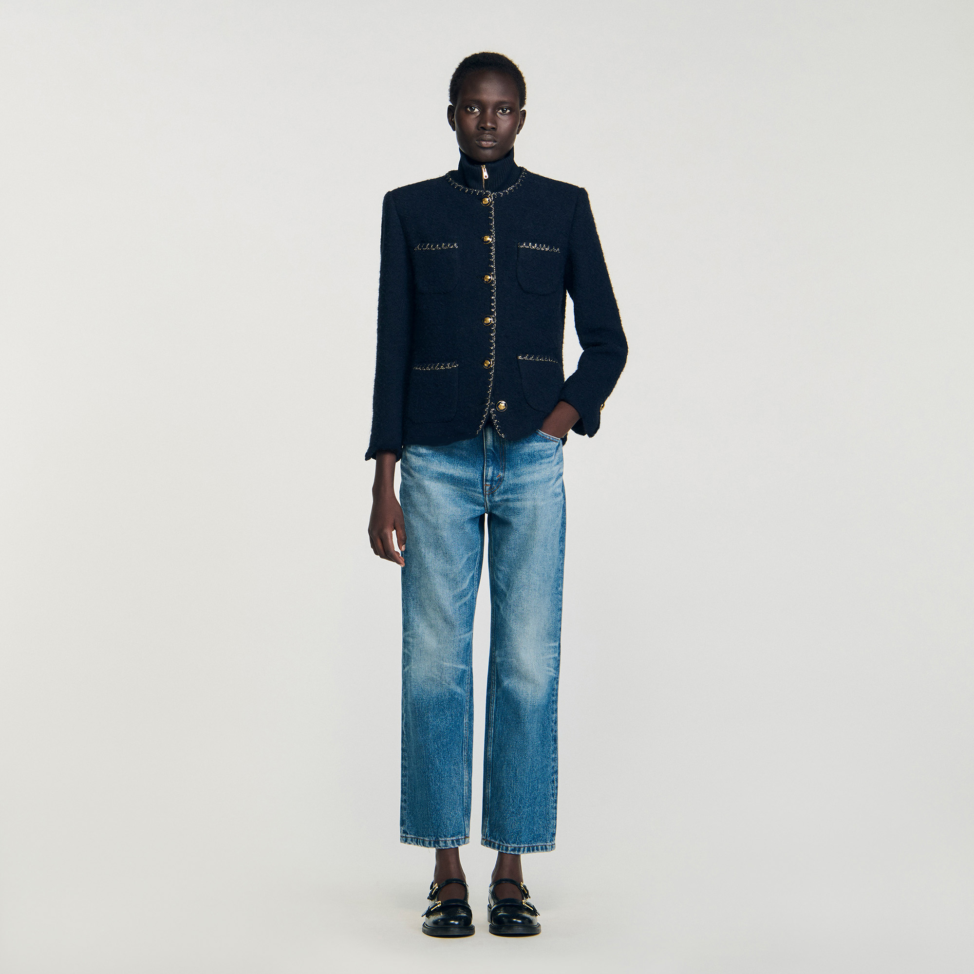 Tweed jacket with removable collar in Navy Blue for Women | Sandro