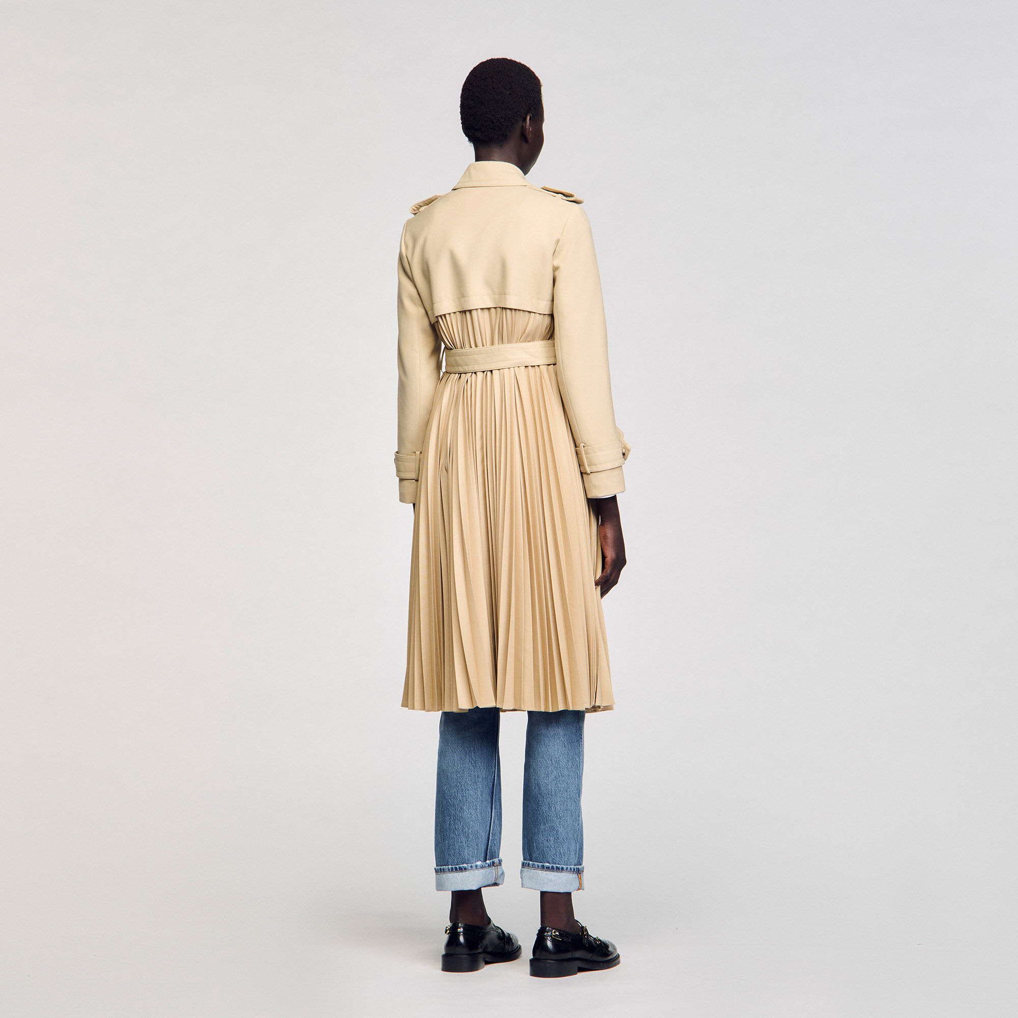 Pleated trench coat with belt in Beige for Women | Sandro Paris