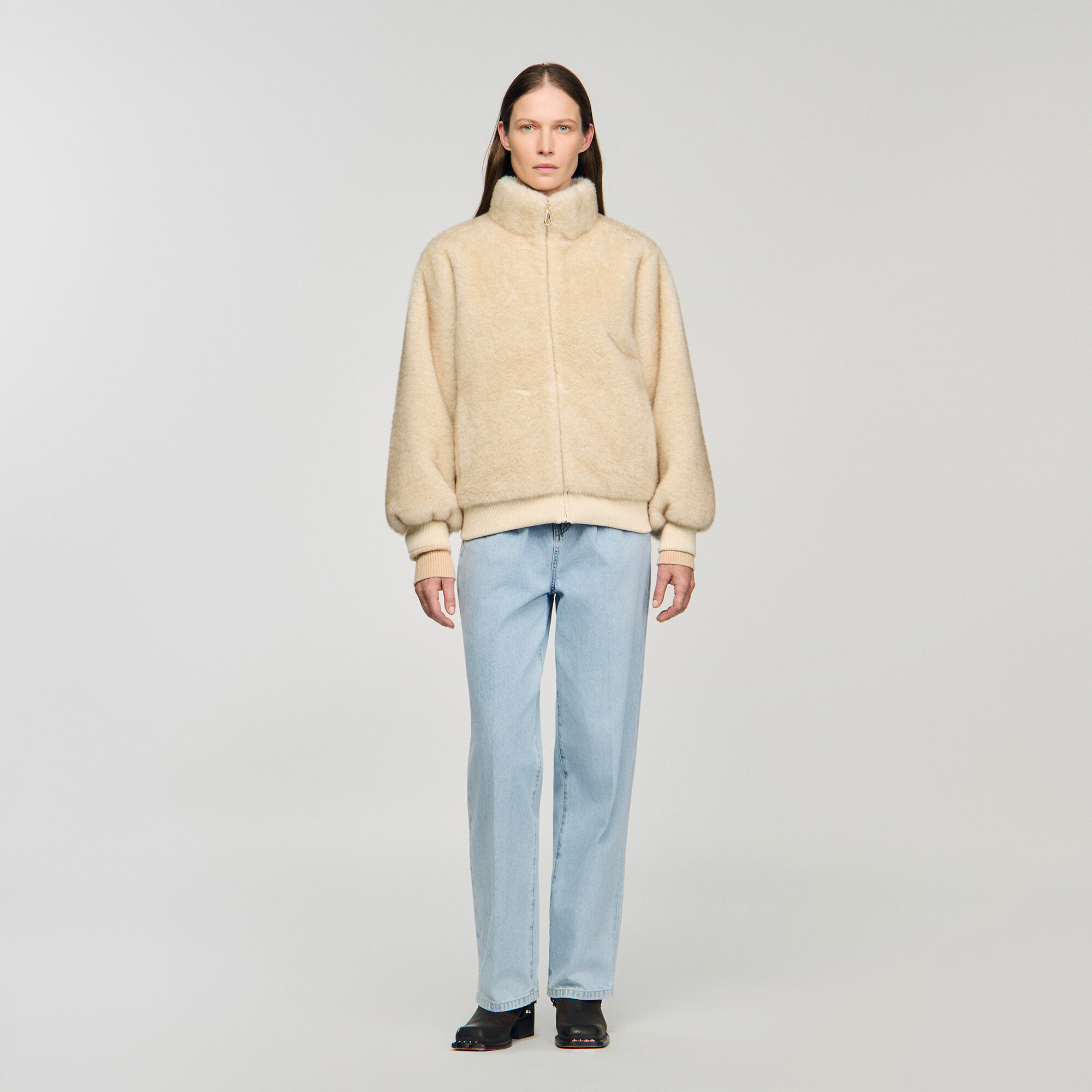 Faux fur jacket in Beige for Women | Sandro Paris