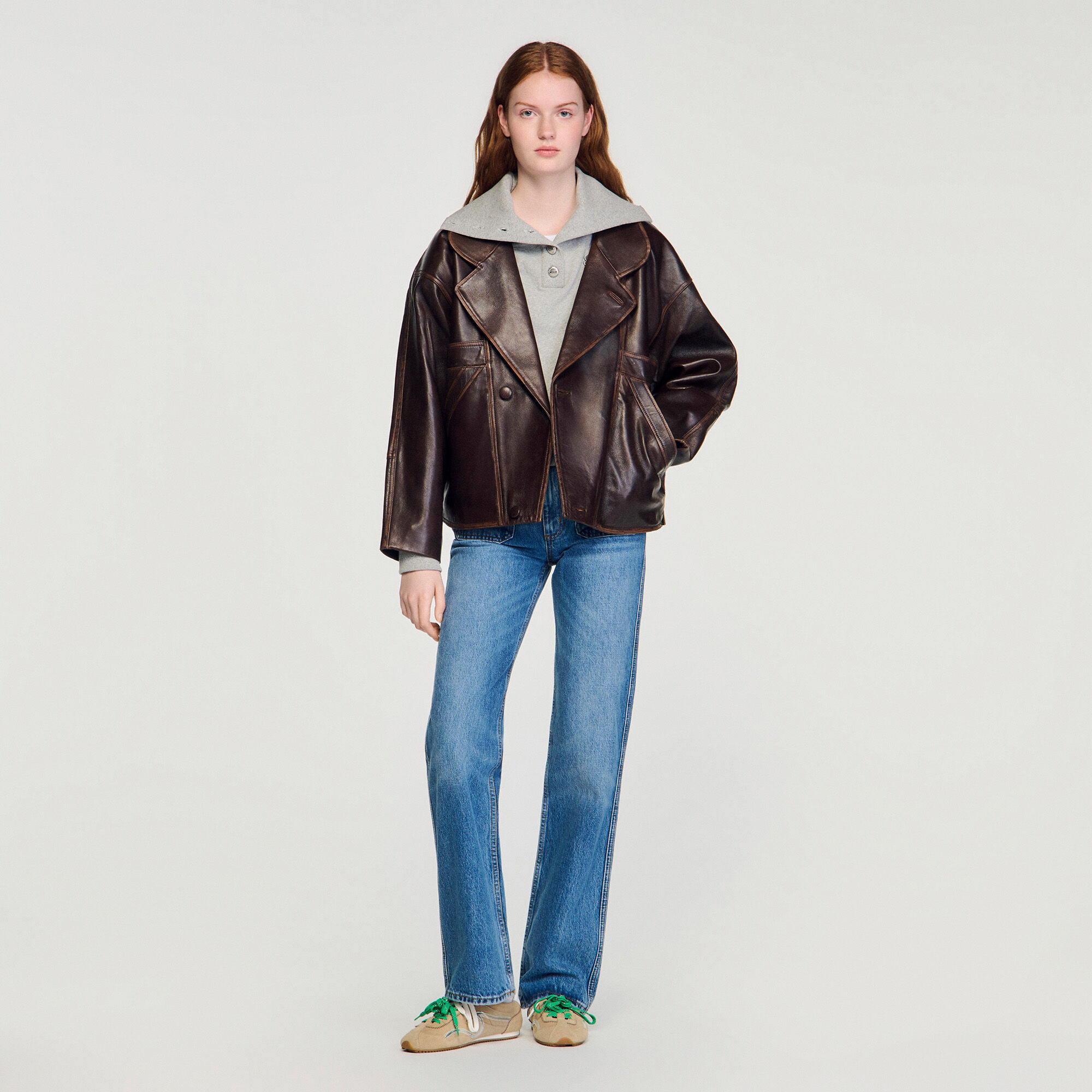 Oversized leather jacket in Brown for Women | Sandro Paris