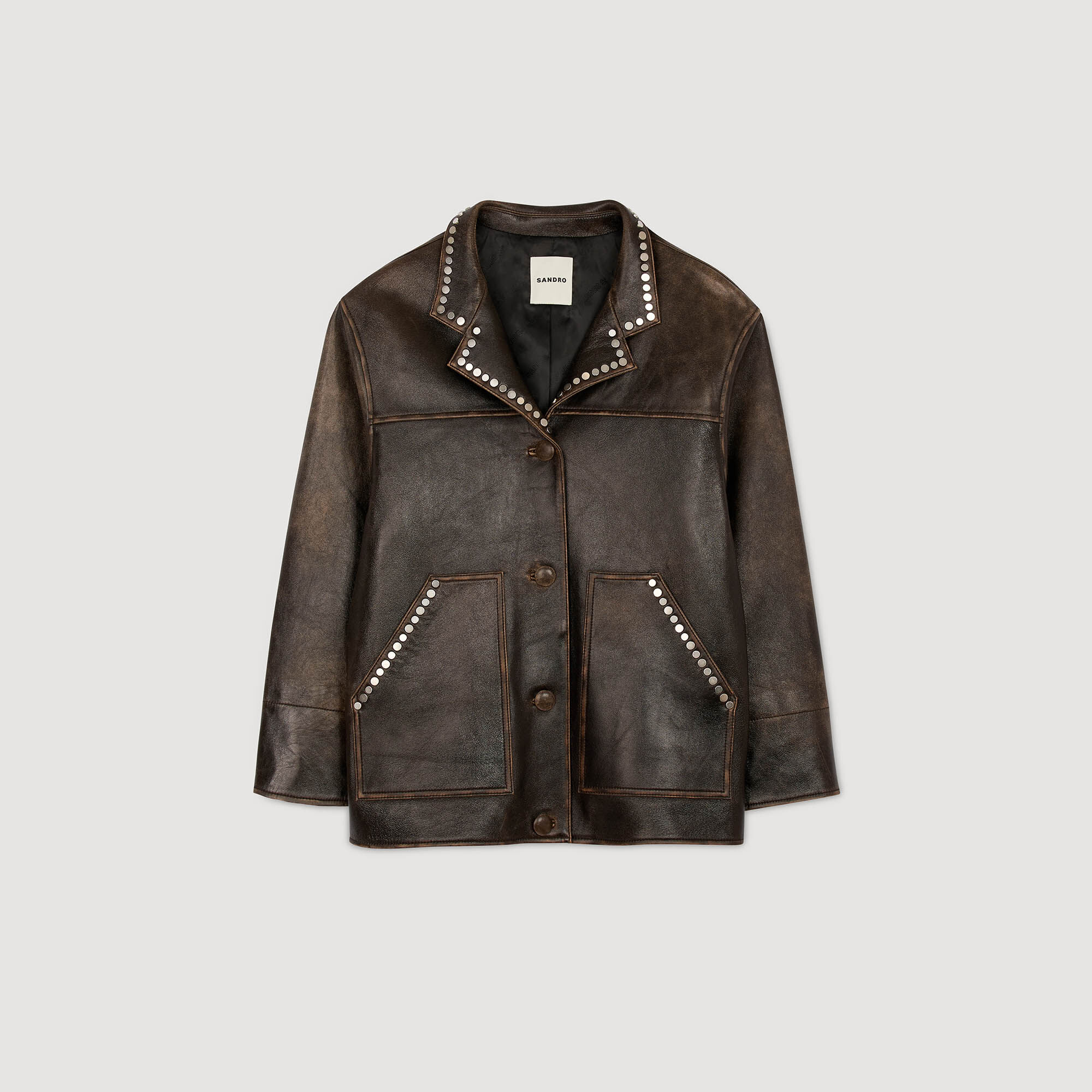 Oversized leather jacket with studs in Brown for Women | Sandro Paris