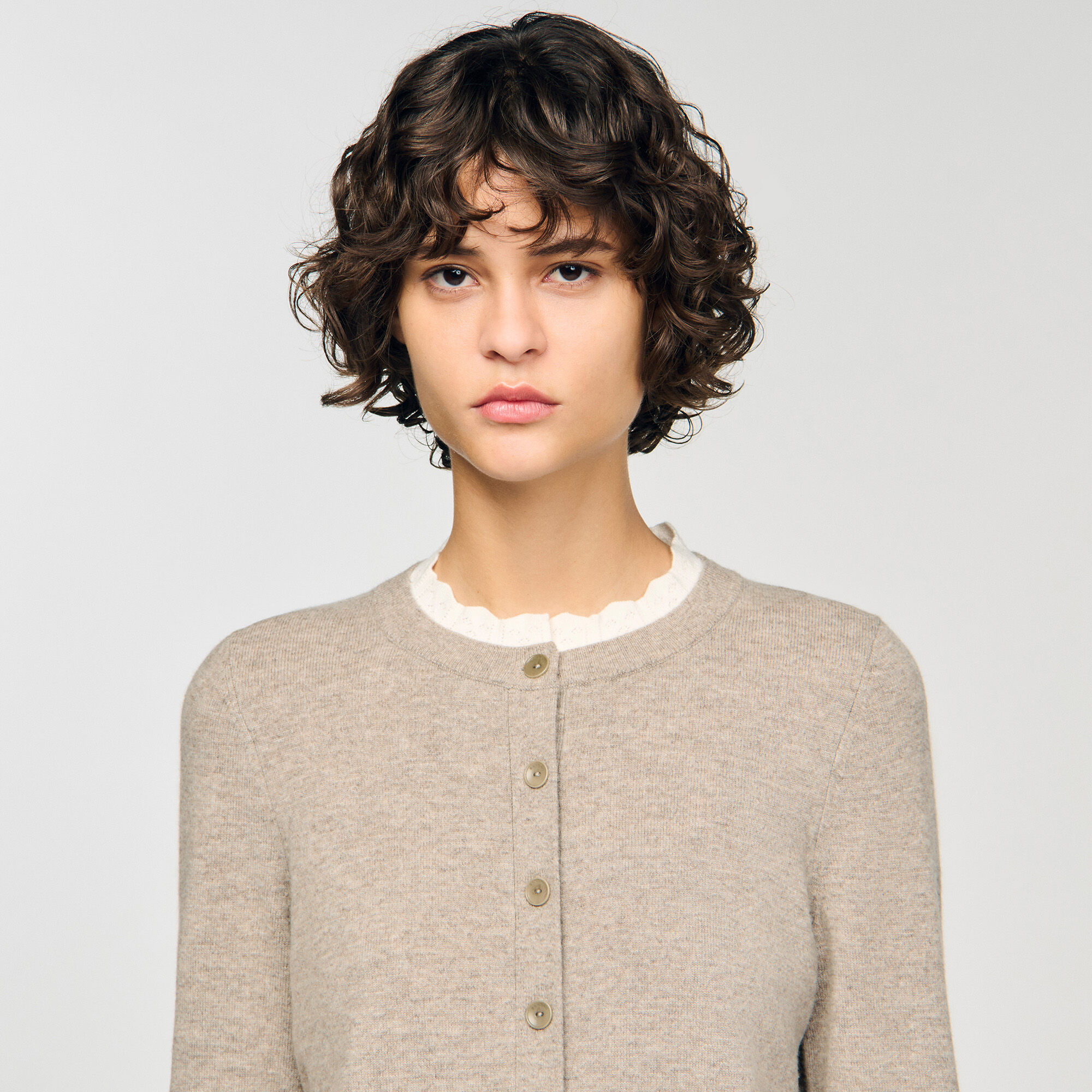 Cardigan with contrast collar in Caramel for Women | Sandro Paris