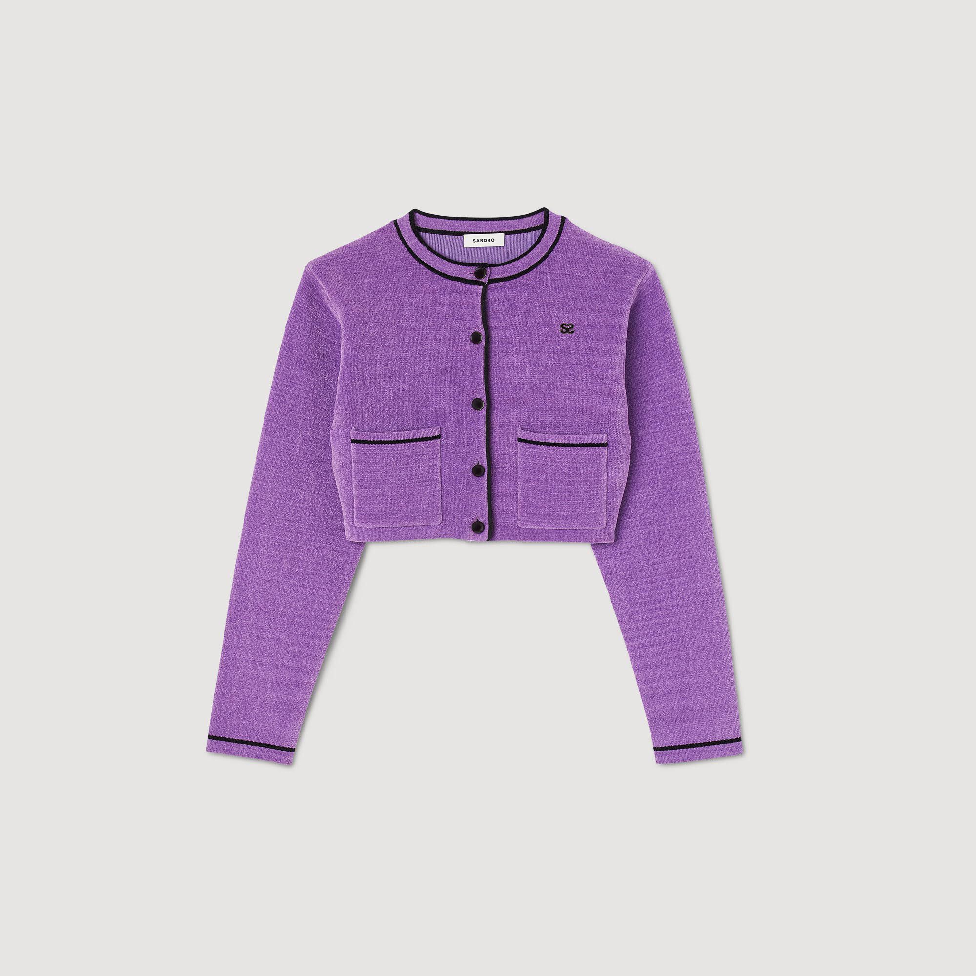 Velvet-effect cropped coatigan in Purple for Women | Sandro Paris