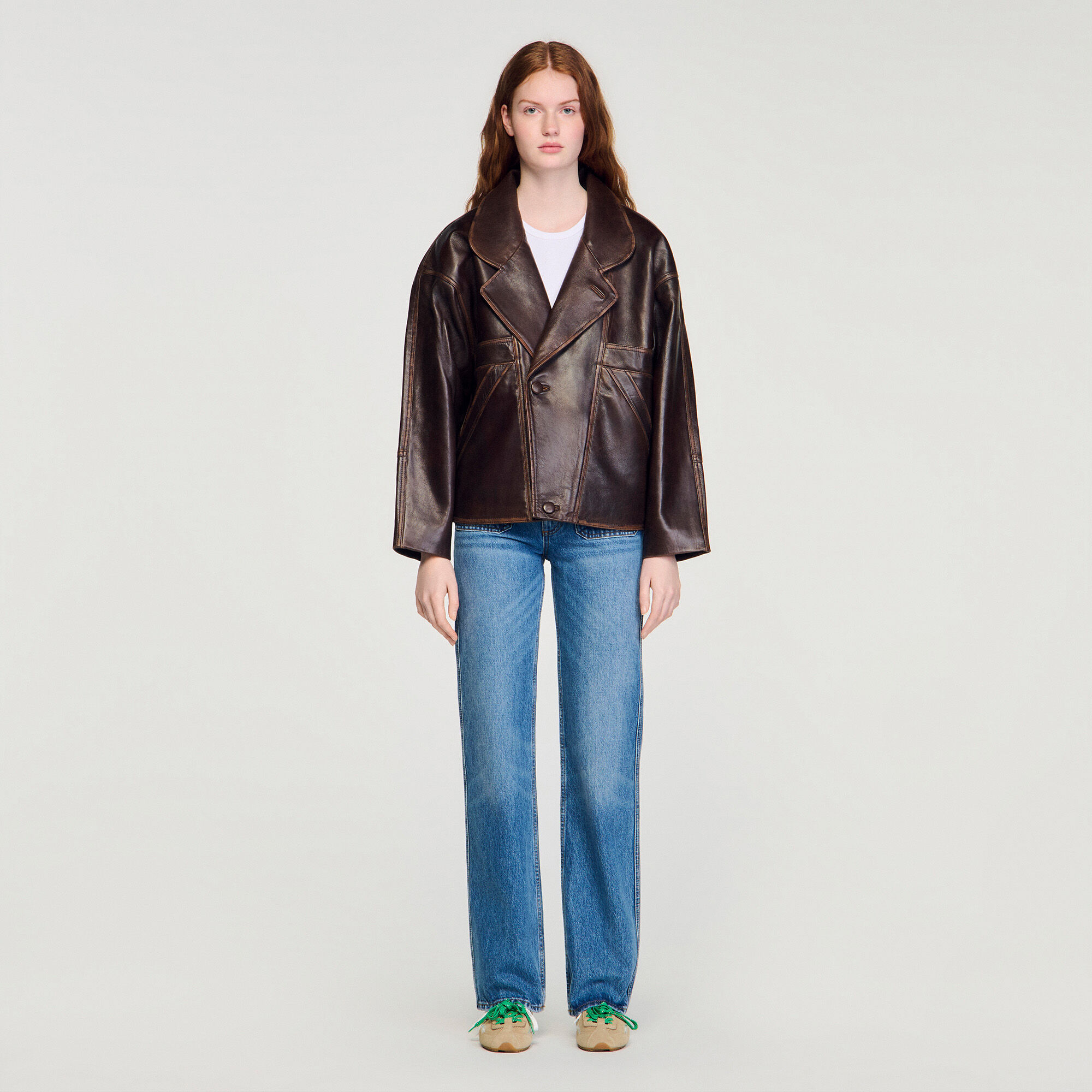 Oversized leather jacket in Brown for Women | Sandro Paris