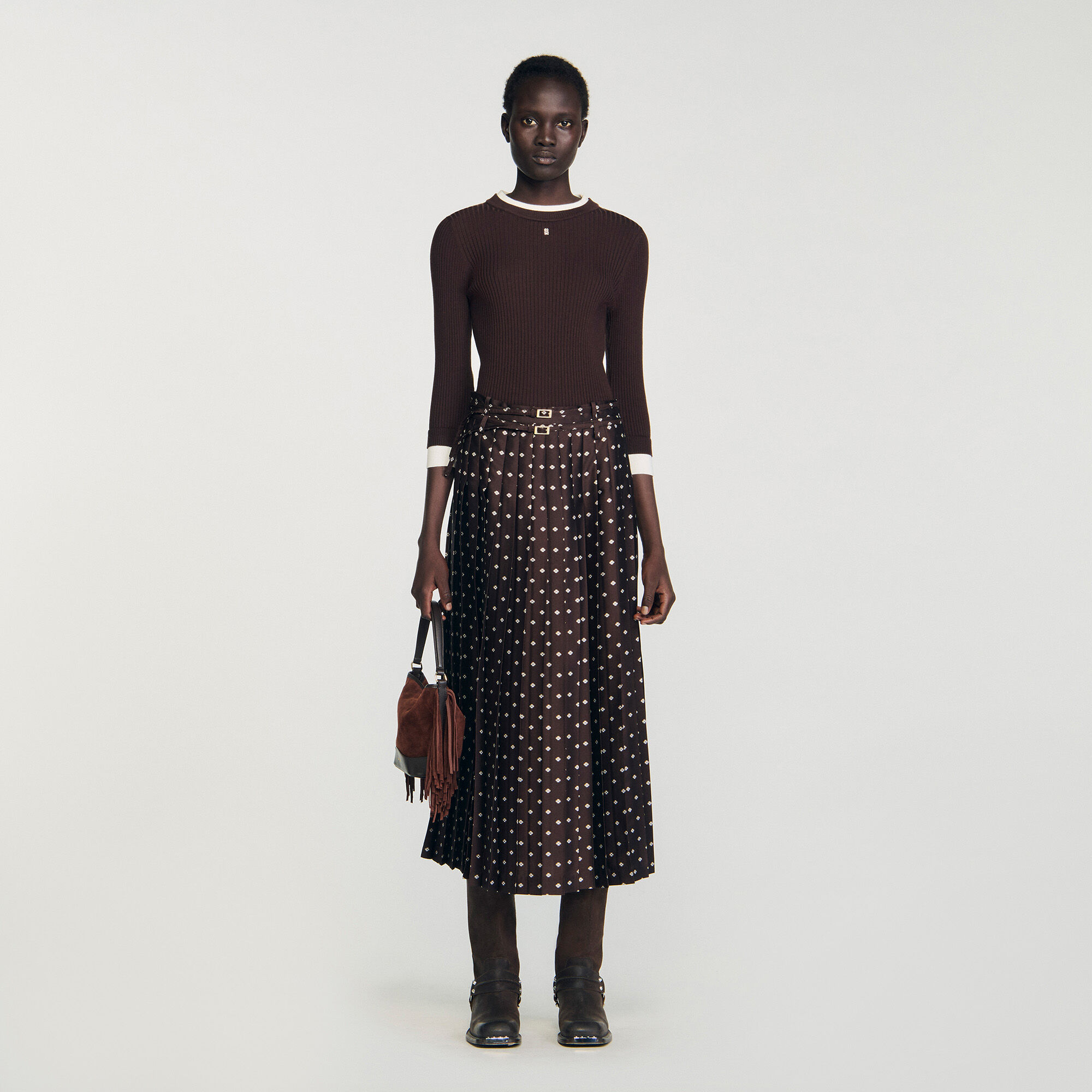 Scarf print midi skirt in Brown / White for Women | Sandro Paris