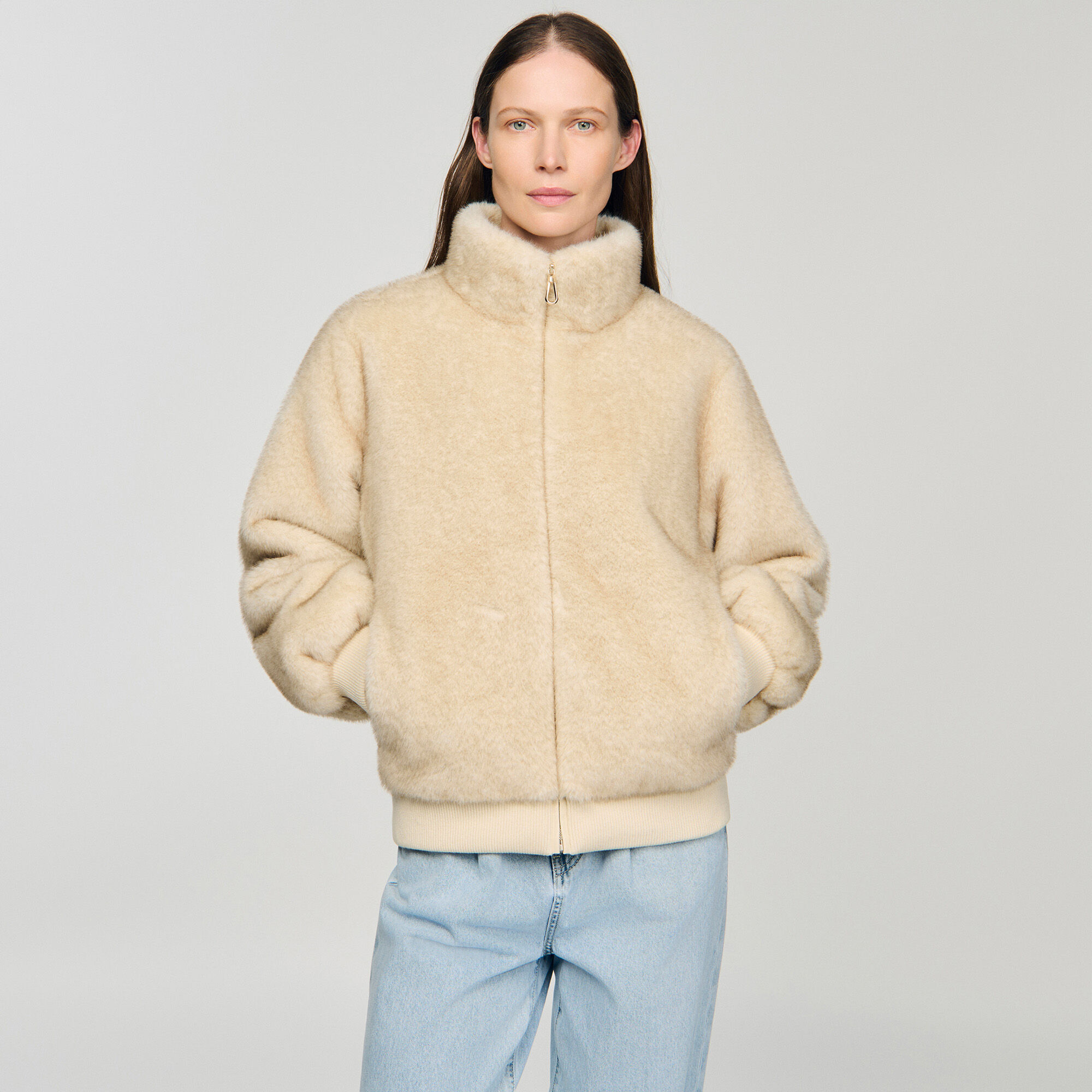 Faux fur jacket in Beige for Women | Sandro Paris