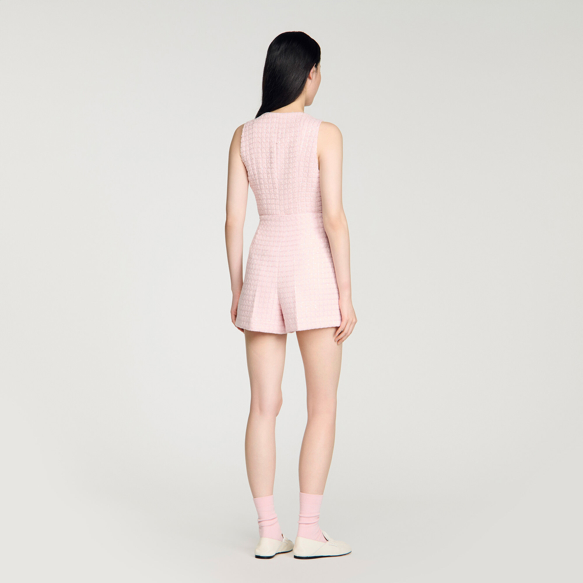 Sequin check tweed shorts in Pink for Women | Sandro Paris
