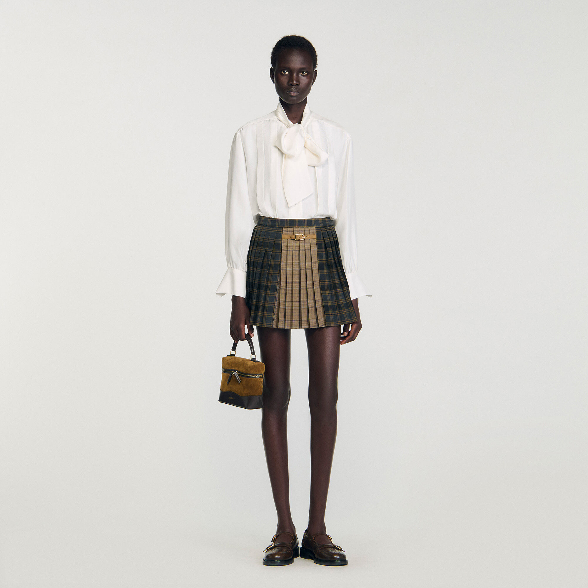 Check pattern pleated mini skirt in Ocher / Blue for Women