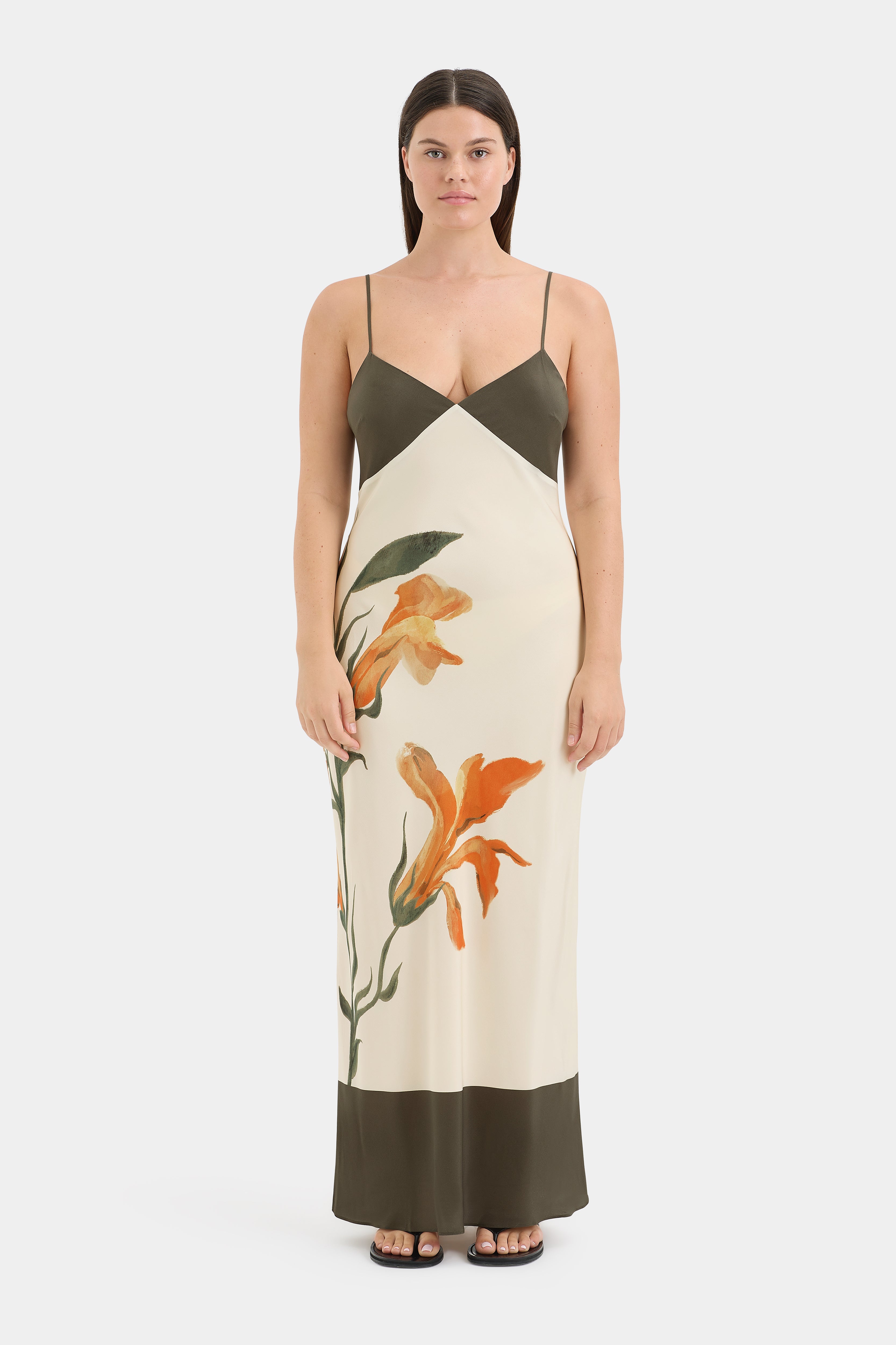 Constance V Neck Slip Dress | Green & Orange Iris Floral | SIR.