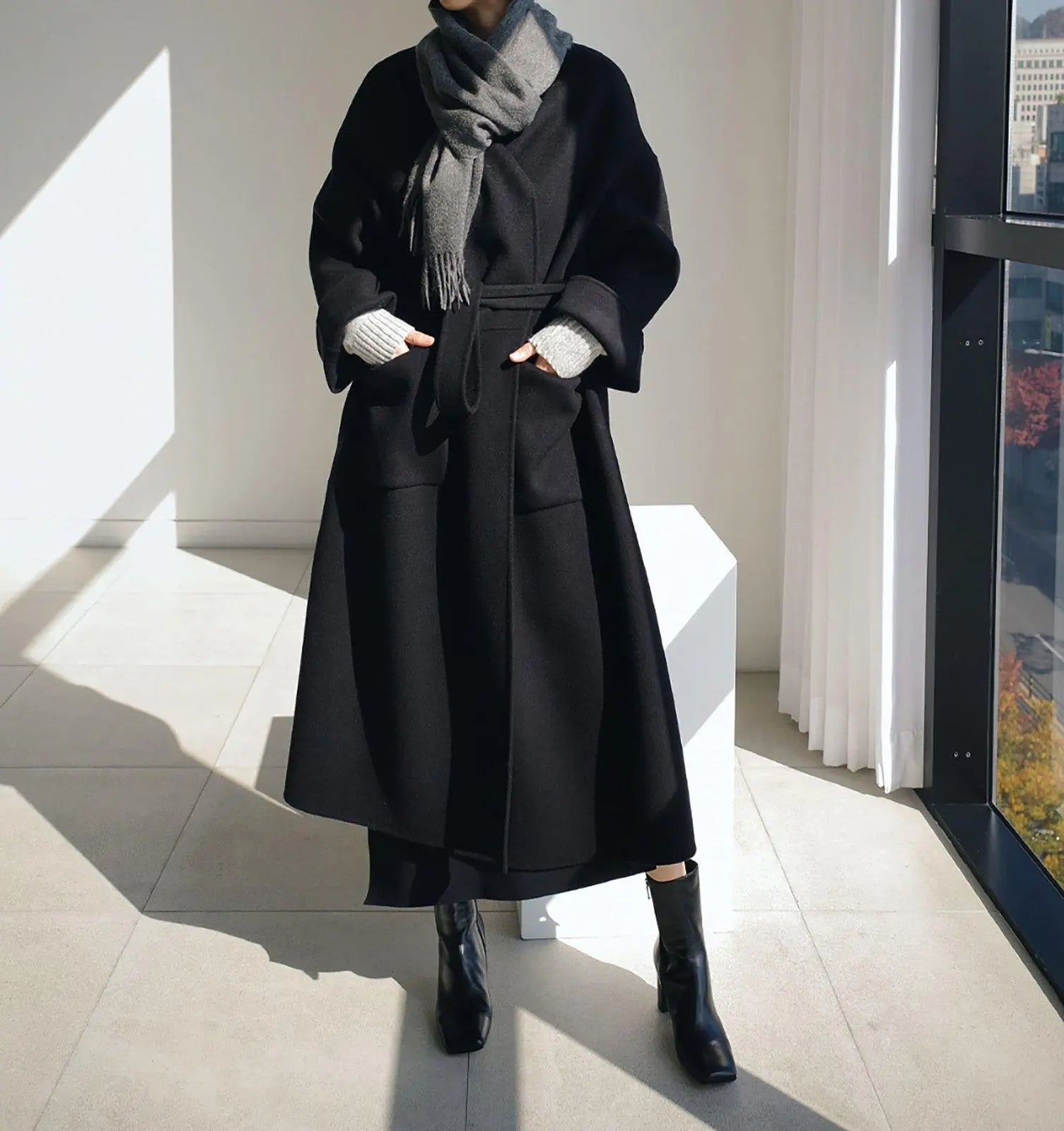 Loose Neckless Belted Long Sleeve Wool Blend Long Coat – Vivian Seven