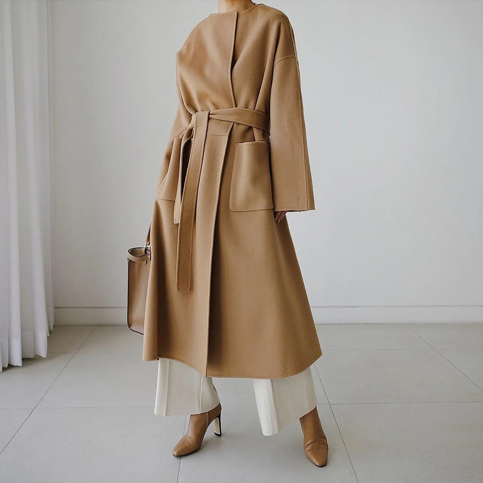 Loose Neckless Belted Long Sleeve Wool Blend Long Coat – Vivian Seven