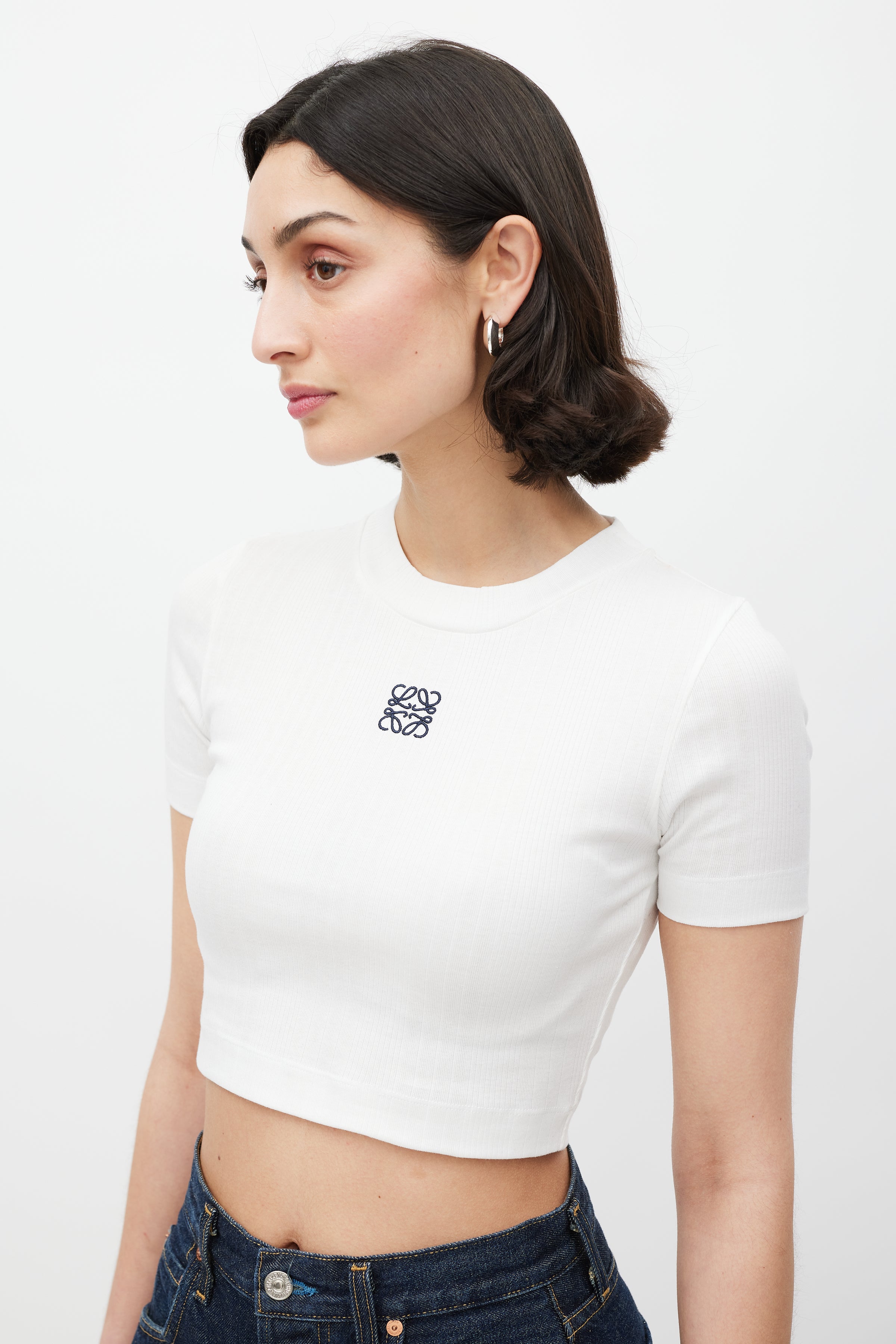 Loewe // White & Black Embroidered Anagram Logo Cropped T-Shirt