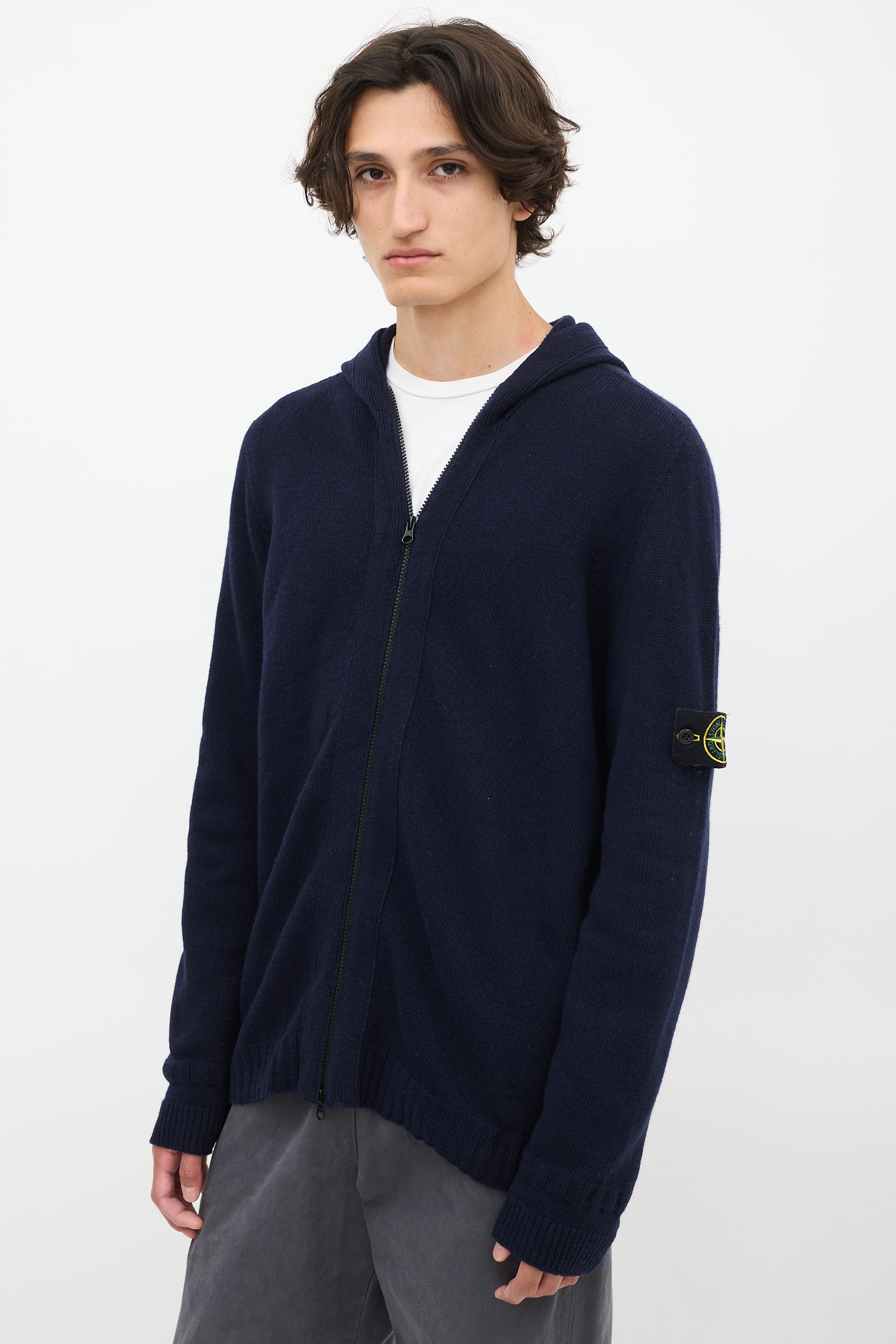 Stone Island // Navy Wool Knit Zip Up Hoodie – VSP Consignment