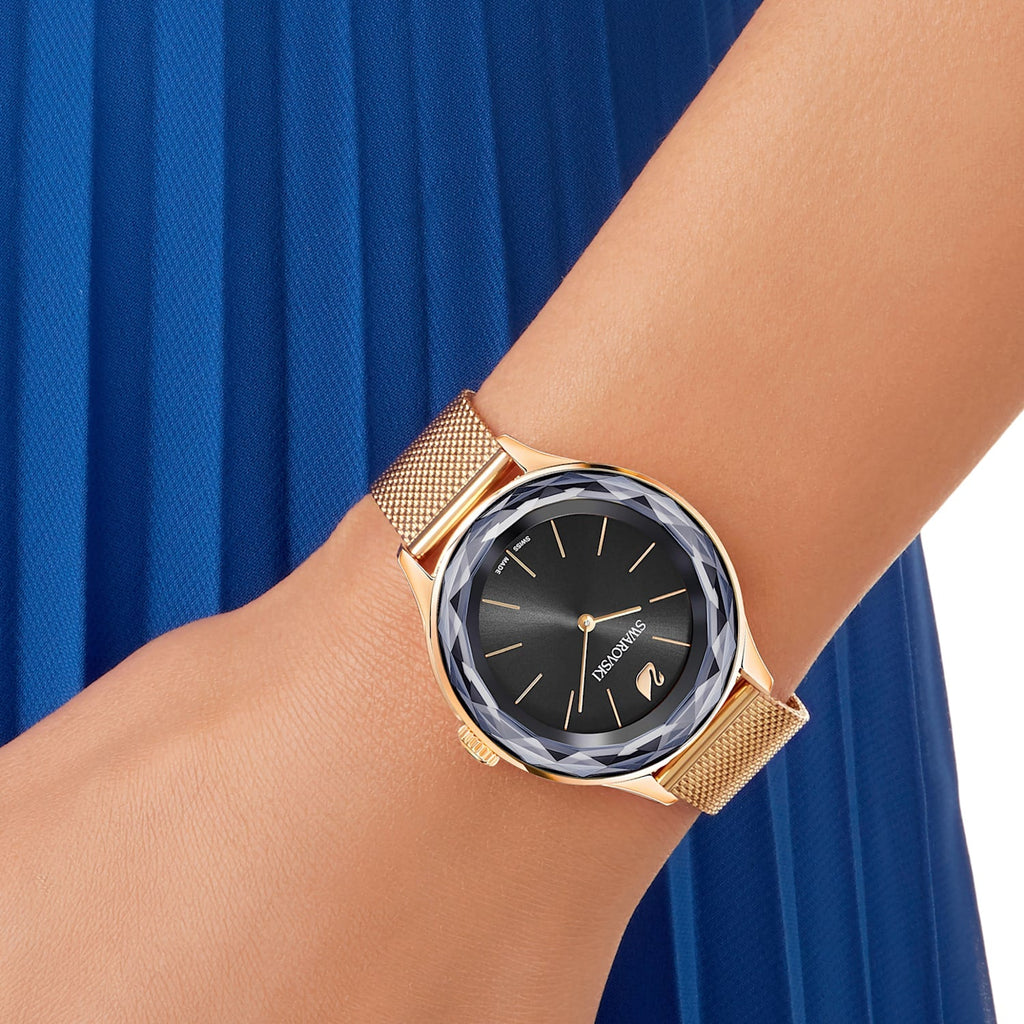 Swarovski Octea Nova Black Dial Rose Gold Mesh Bracelet Watch for