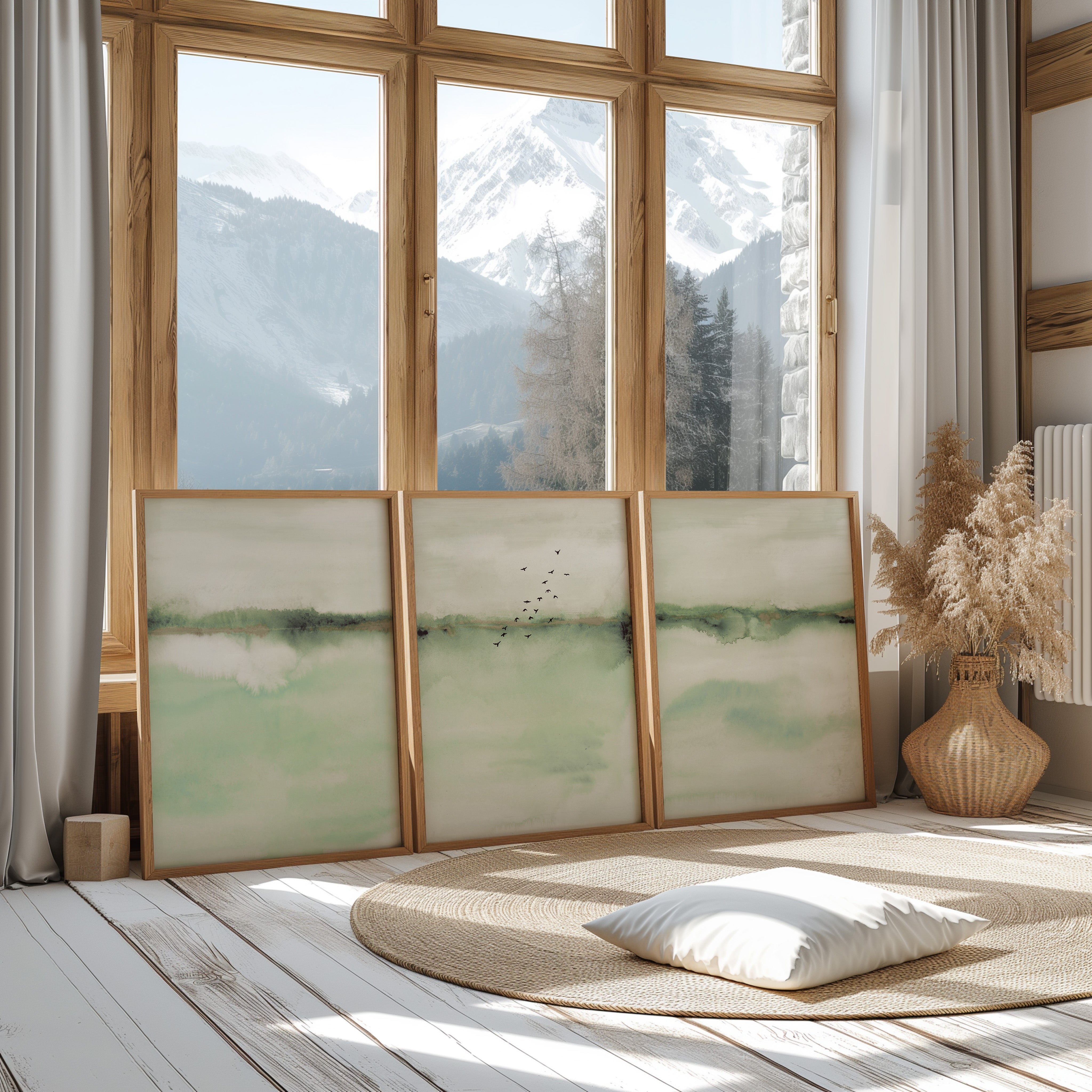 Japandi Sage Green Wall Art for Modern Living Room and Bedroom
