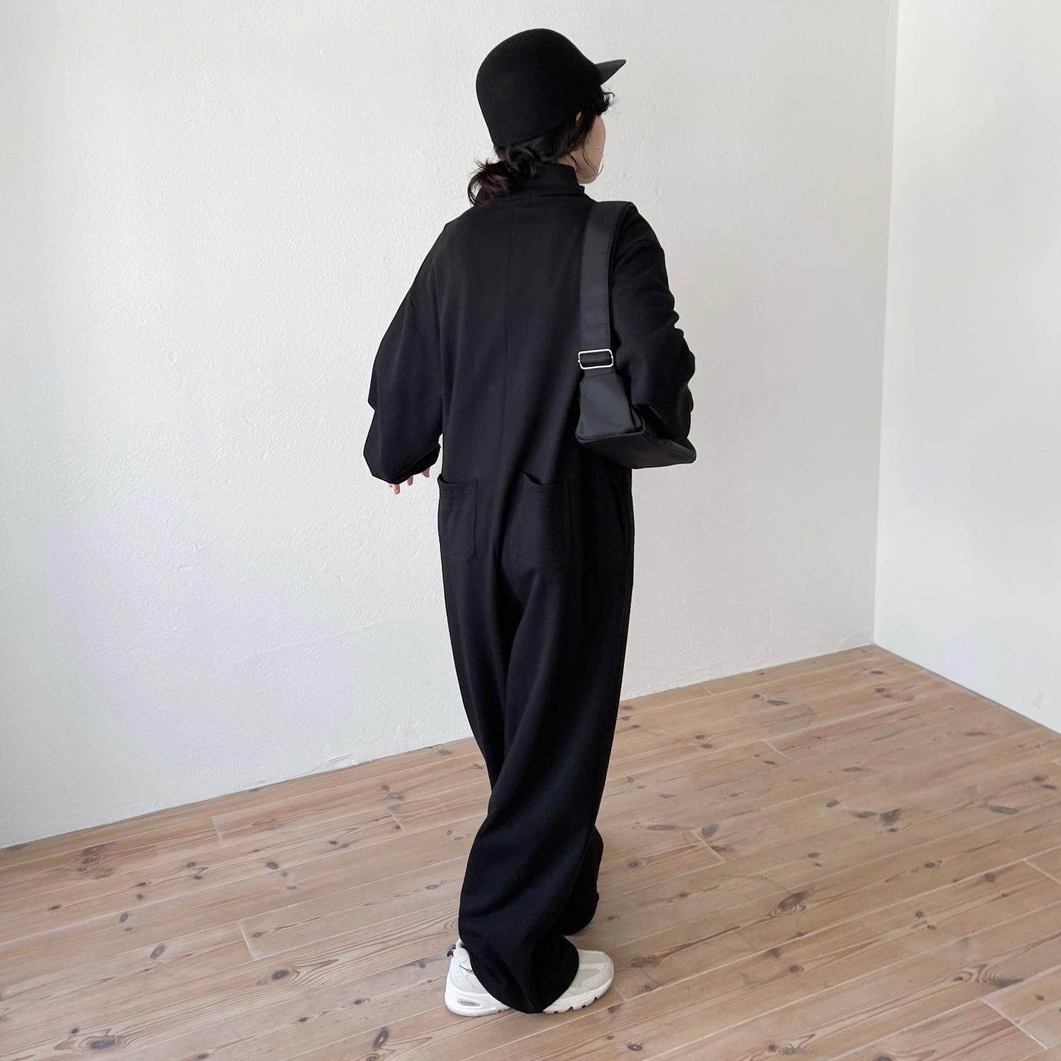 high neck half zip up sweat all in one / black [2size