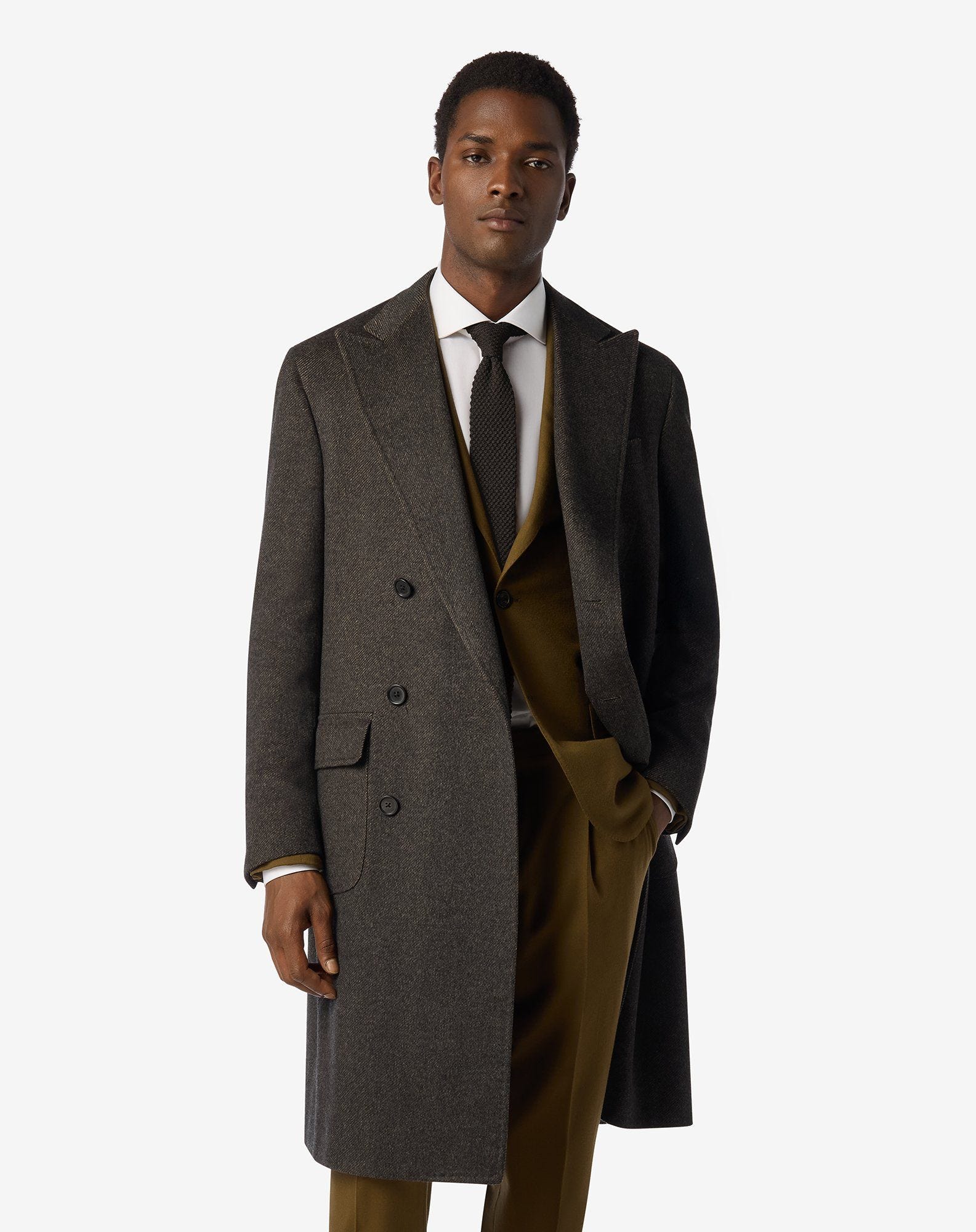 Brown Double-Breasted Coat in Wool Beaver and Cashmere| Corneliani