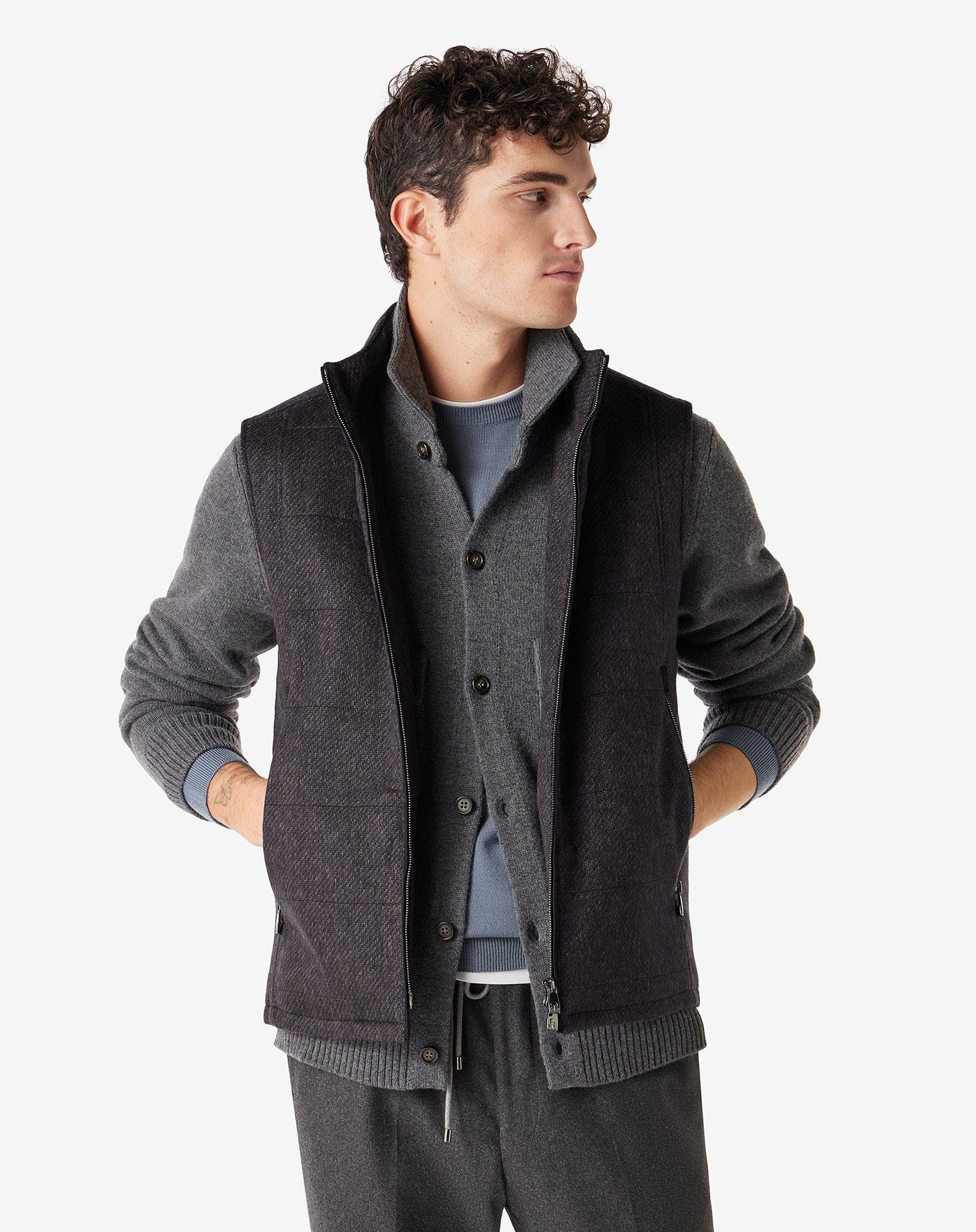 Men's blue micropatterned silk and cashmere waistcoat | Corneliani
