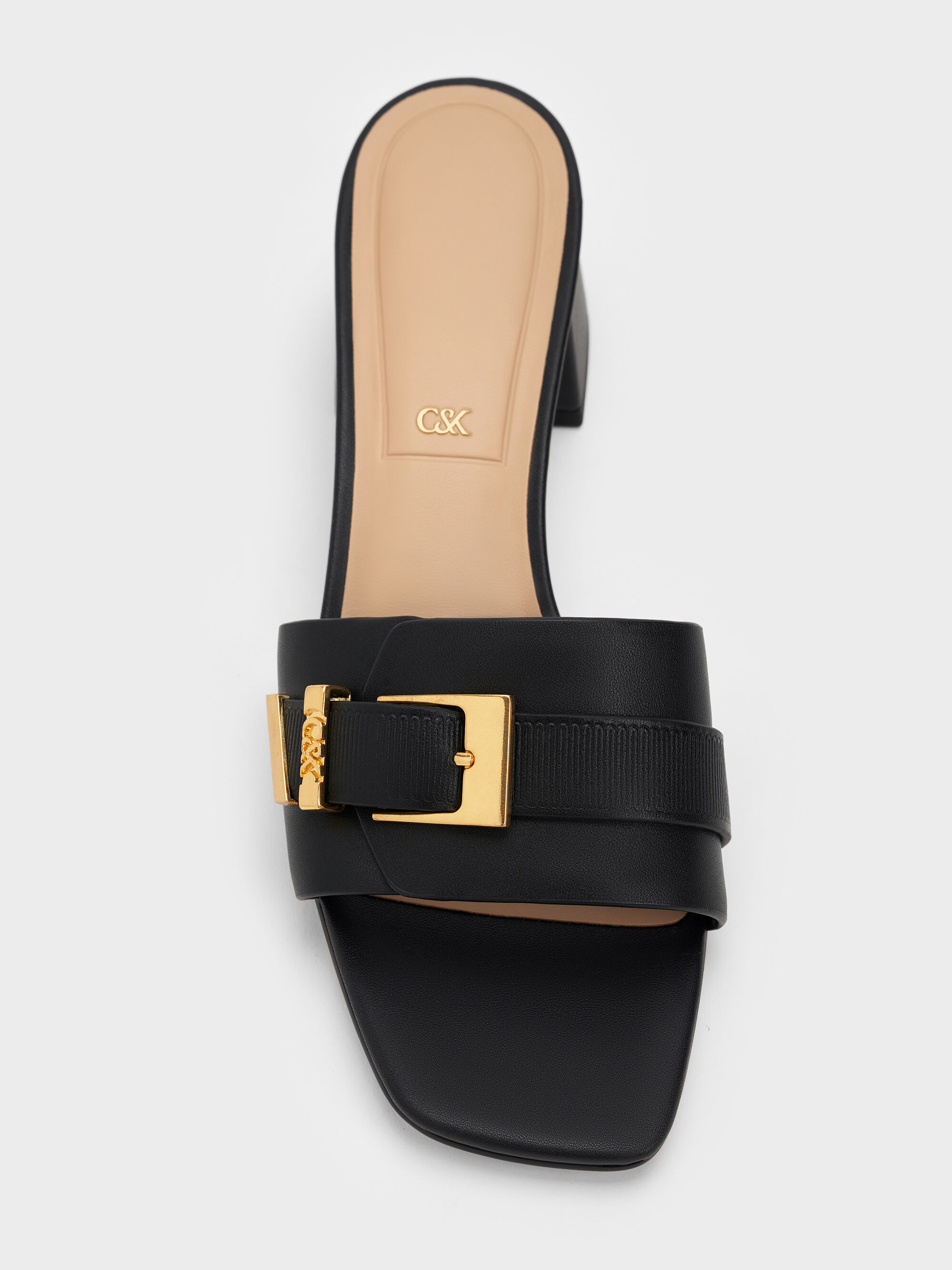 Black Whitney Leather Buckled Block-Heel Mules - Black - CHARLES