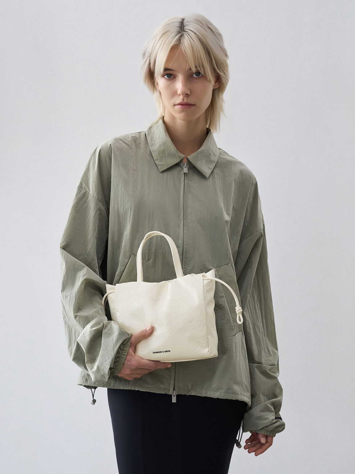 Cream Mini Bethel Crinkle-Effect Ruched Drawstring Tote Bag
