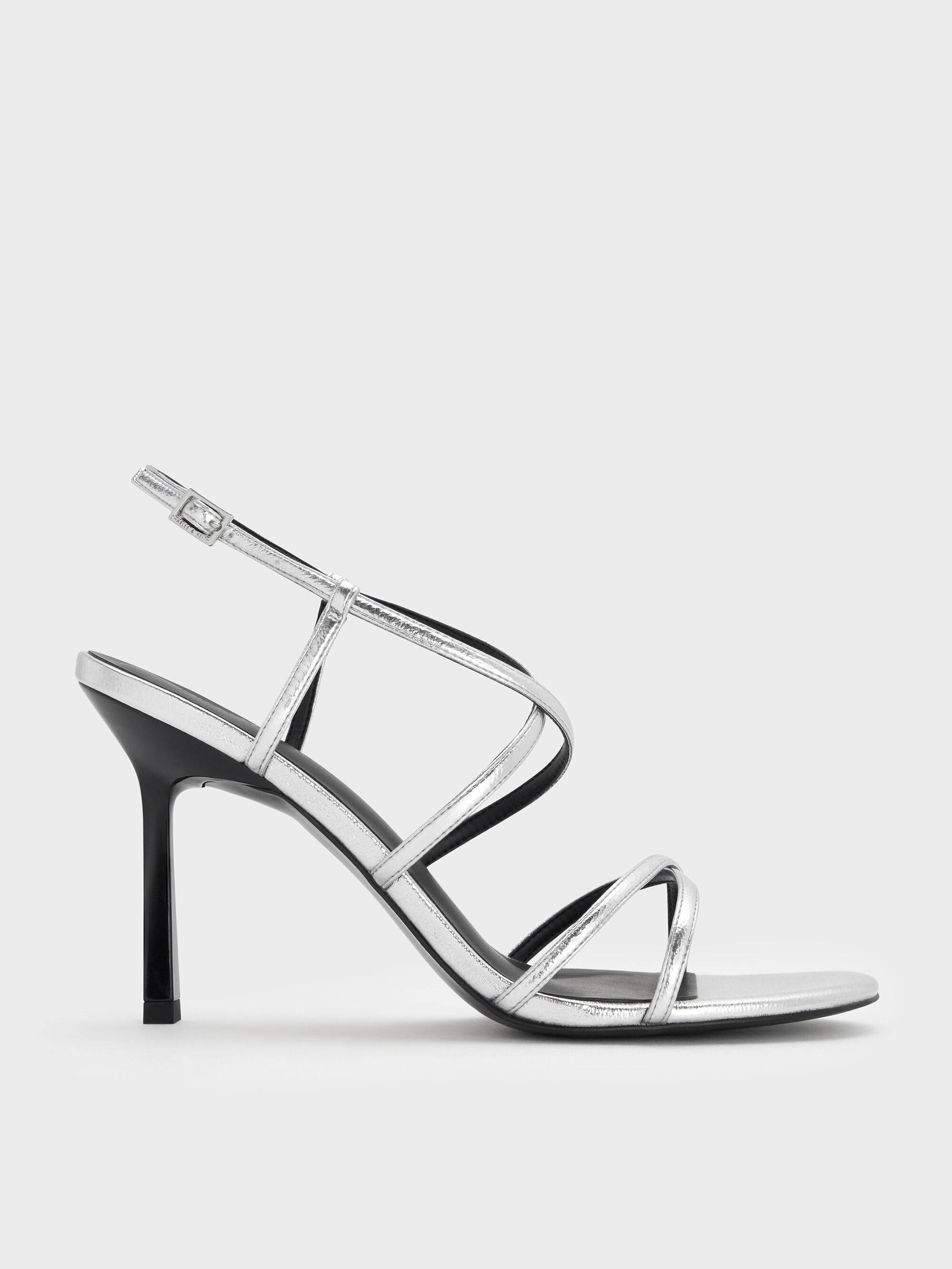 Silver Metallic Strappy Crossover Trapeze-Heel Sandals - Silver