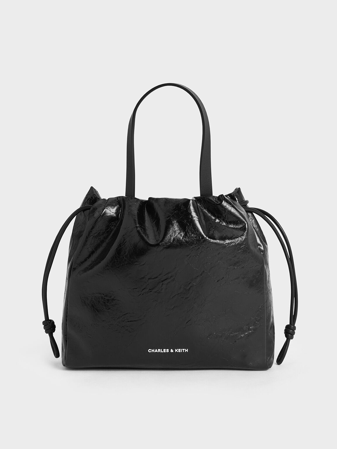 Black Mini Bethel Crinkle-Effect Ruched Drawstring Tote Bag