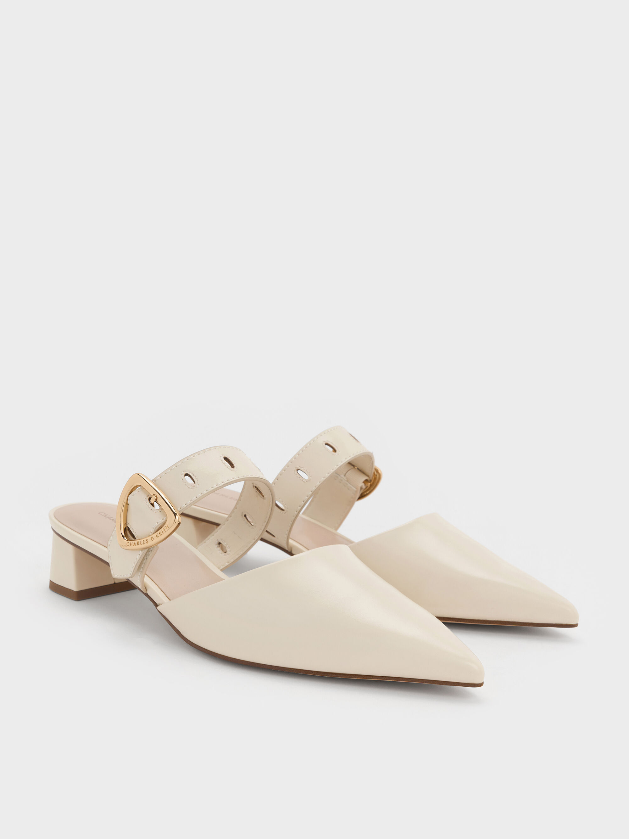 Cream Sepphe Metallic Buckle Pointed-Toe Heeled Mules - Cream