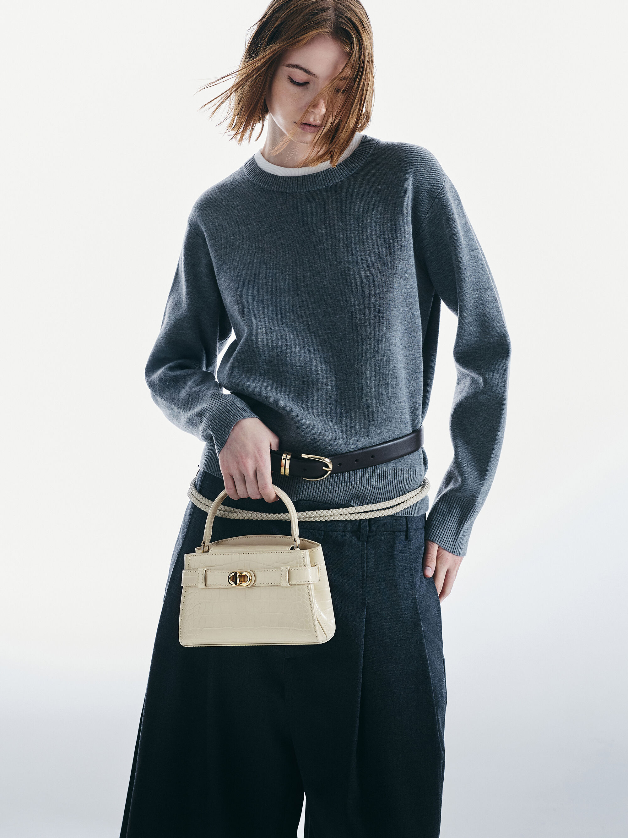 Ivory Aubrielle Croc-Effect Top Handle Bag - Ivory - CHARLES