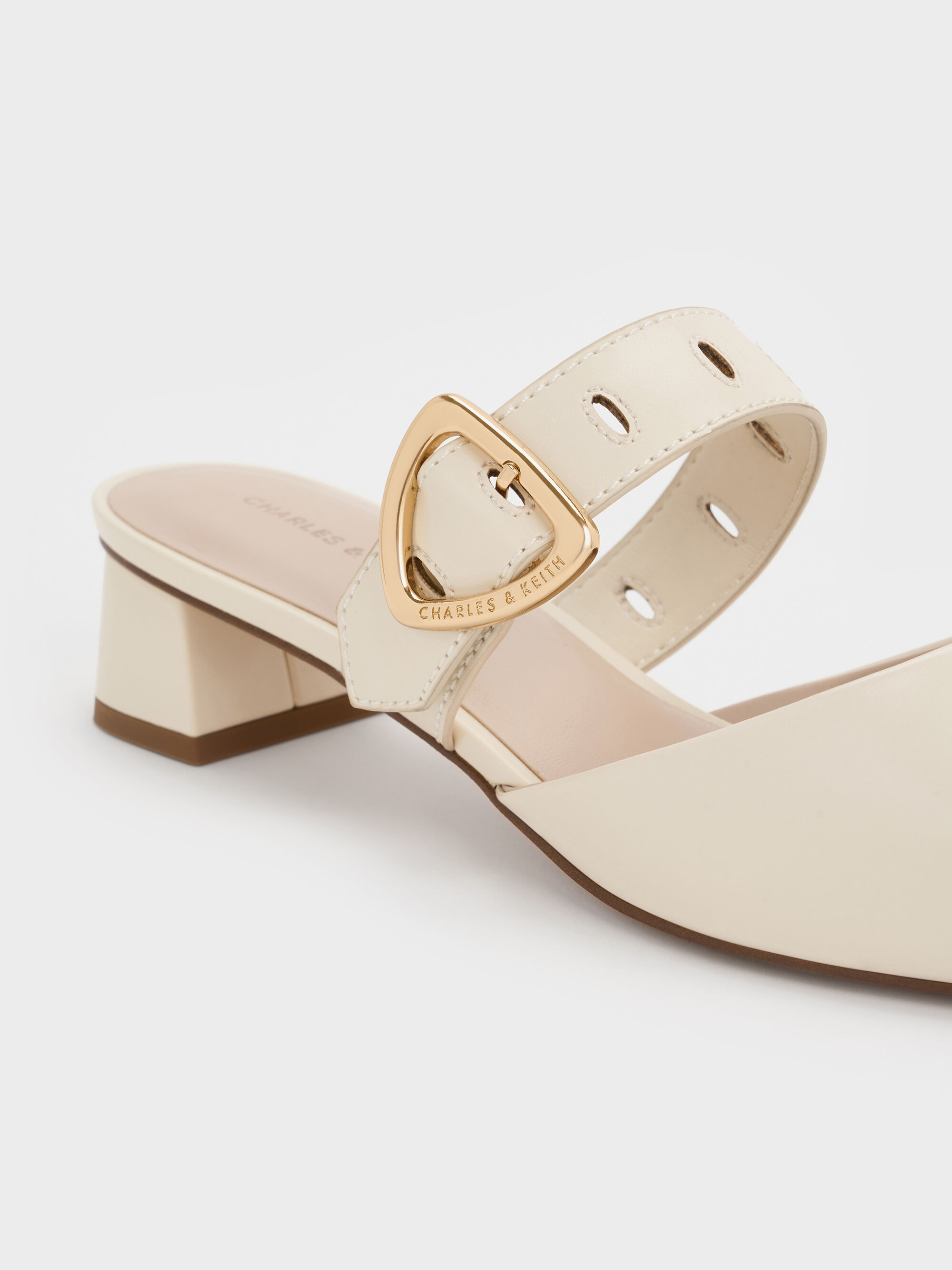 Cream Sepphe Metallic Buckle Pointed-Toe Heeled Mules - Cream