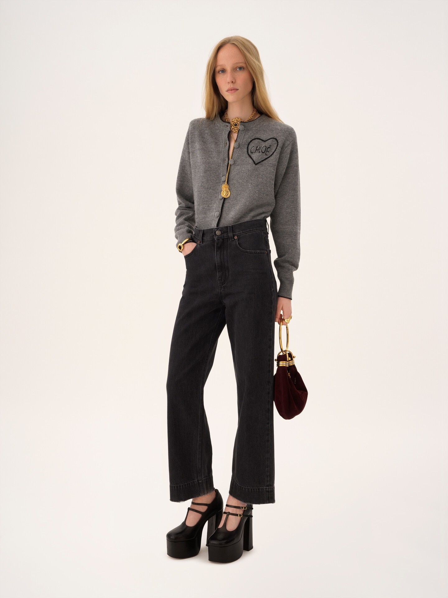 ウール＆カシミアニット製フィット ロゴ カーディガン グレー - Chloé