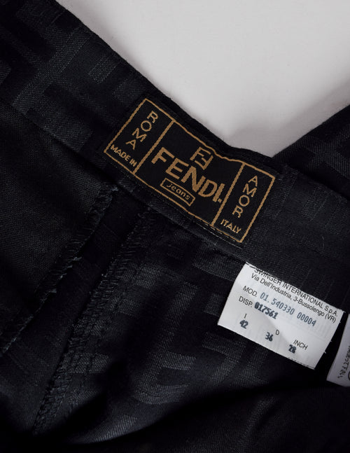 Fendi Vintage Black Zucca Logo Monogram Linen Jacquard Wide Leg