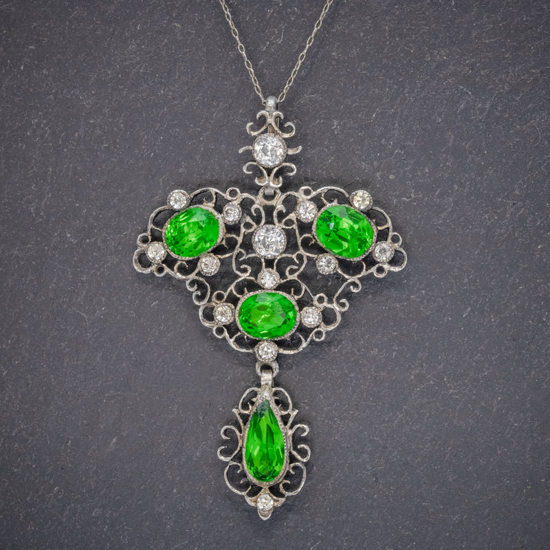 Antique Victorian Pendant Necklace Green Paste Stone Silver Circa