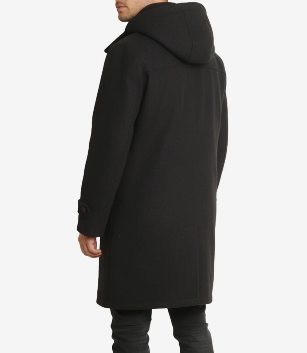 Men's Black Hooded Duffle Wool Coat | Winter Overcoat