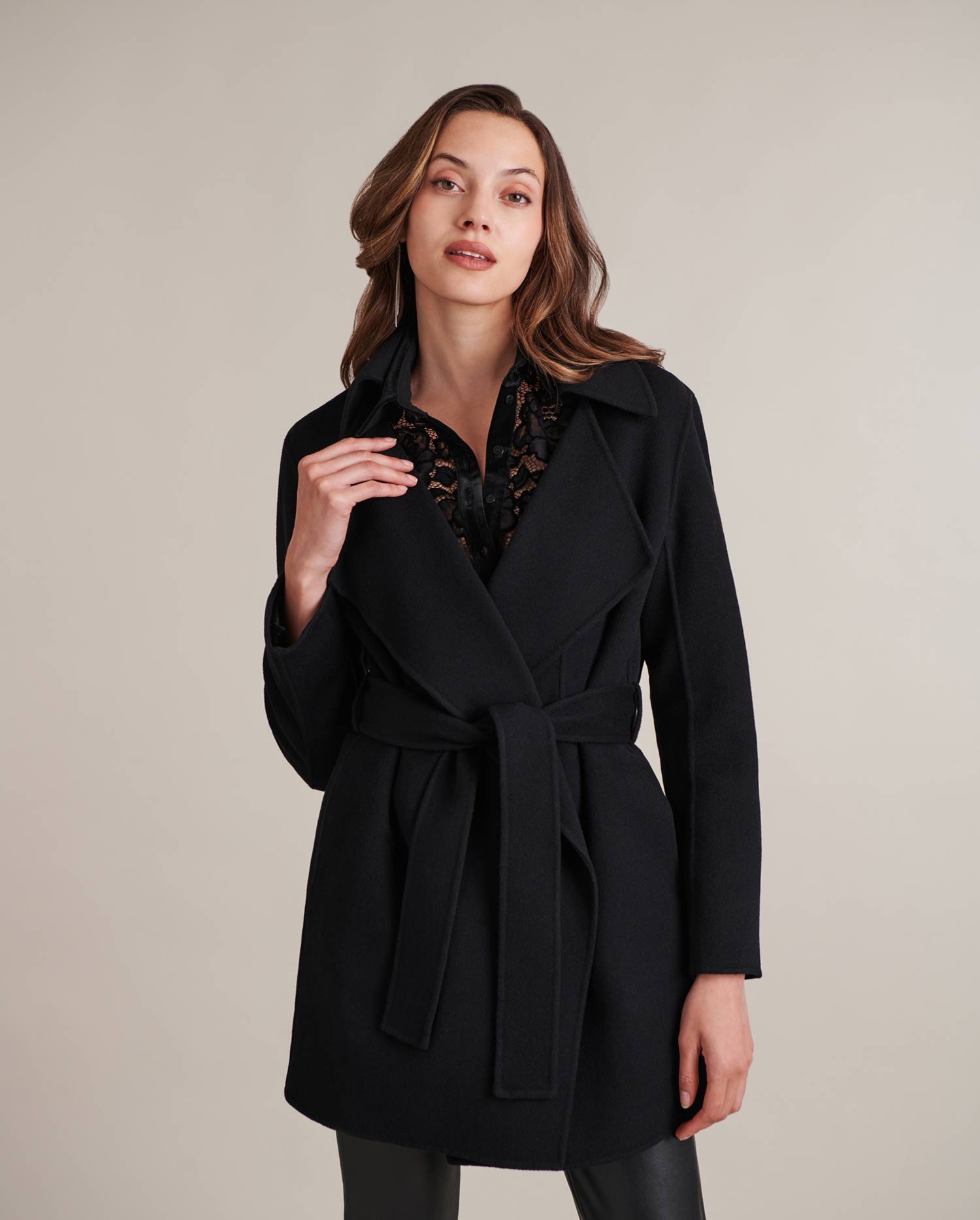 DELACROIX Black Belted Wool Blend Coat With Large Notched Lapel