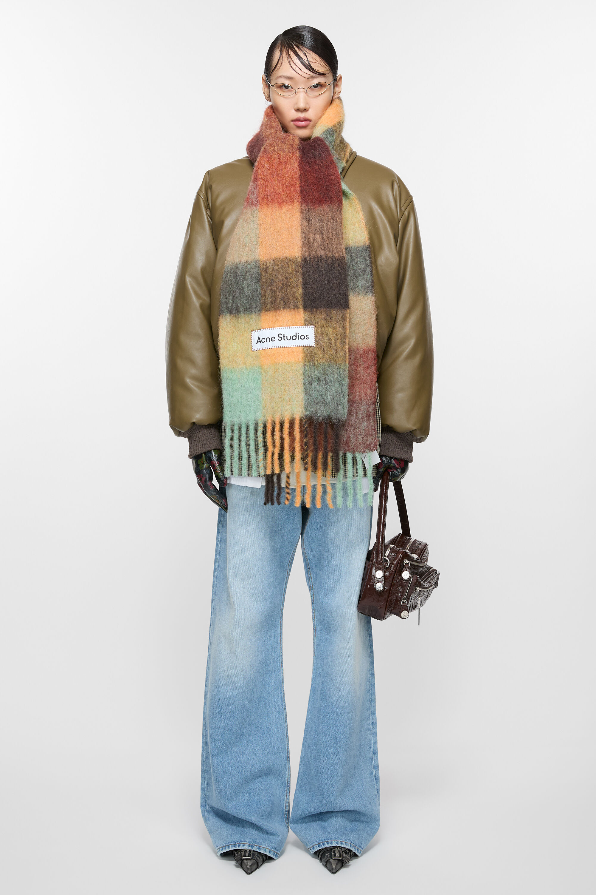 Acne Studios - モヘアチェックスカーフ - チェスナットブラウン