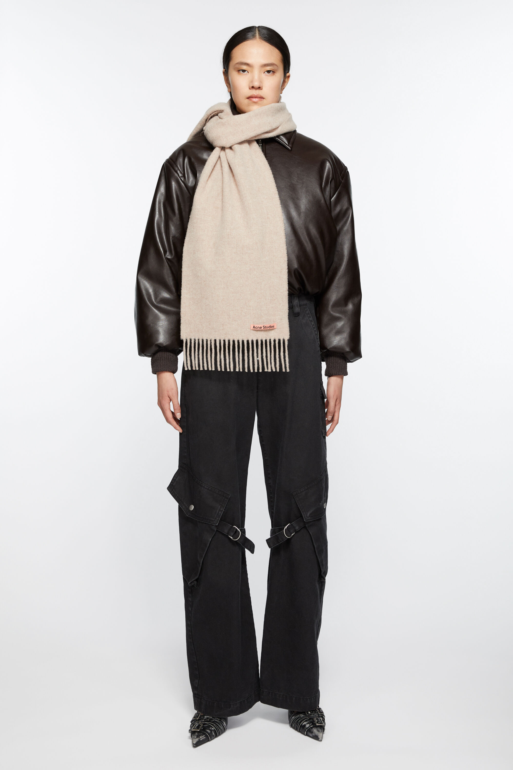 Acne Studios - Fringe wool scarf - skinny - Oatmeal melange