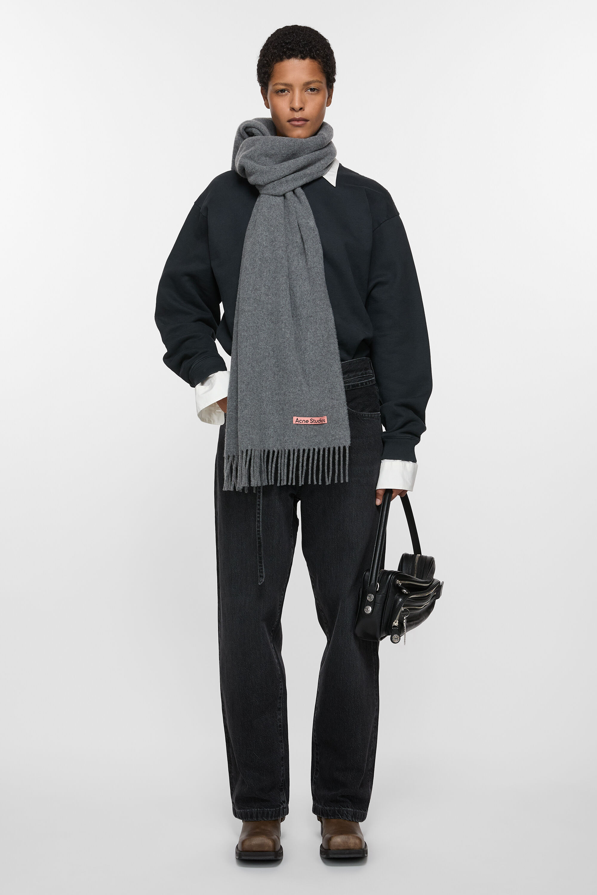 Acne Studios - Fringe wool scarf – Narrow - Grey Melange