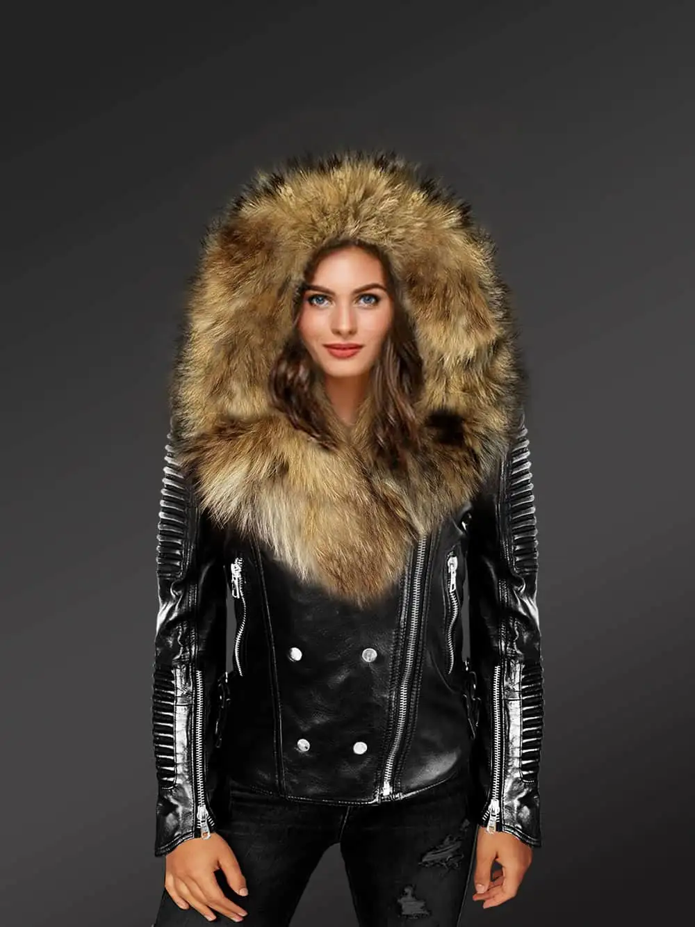 Womens Double breast biker jacket with Removable Fur Collar