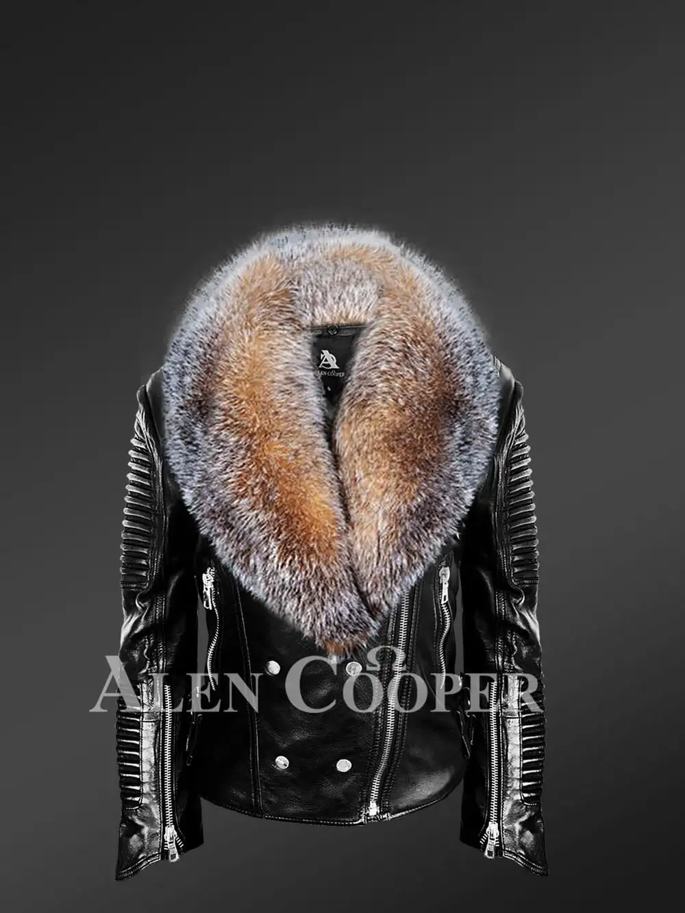 Womens Luxurious Biker jacket with dense fox fur collar