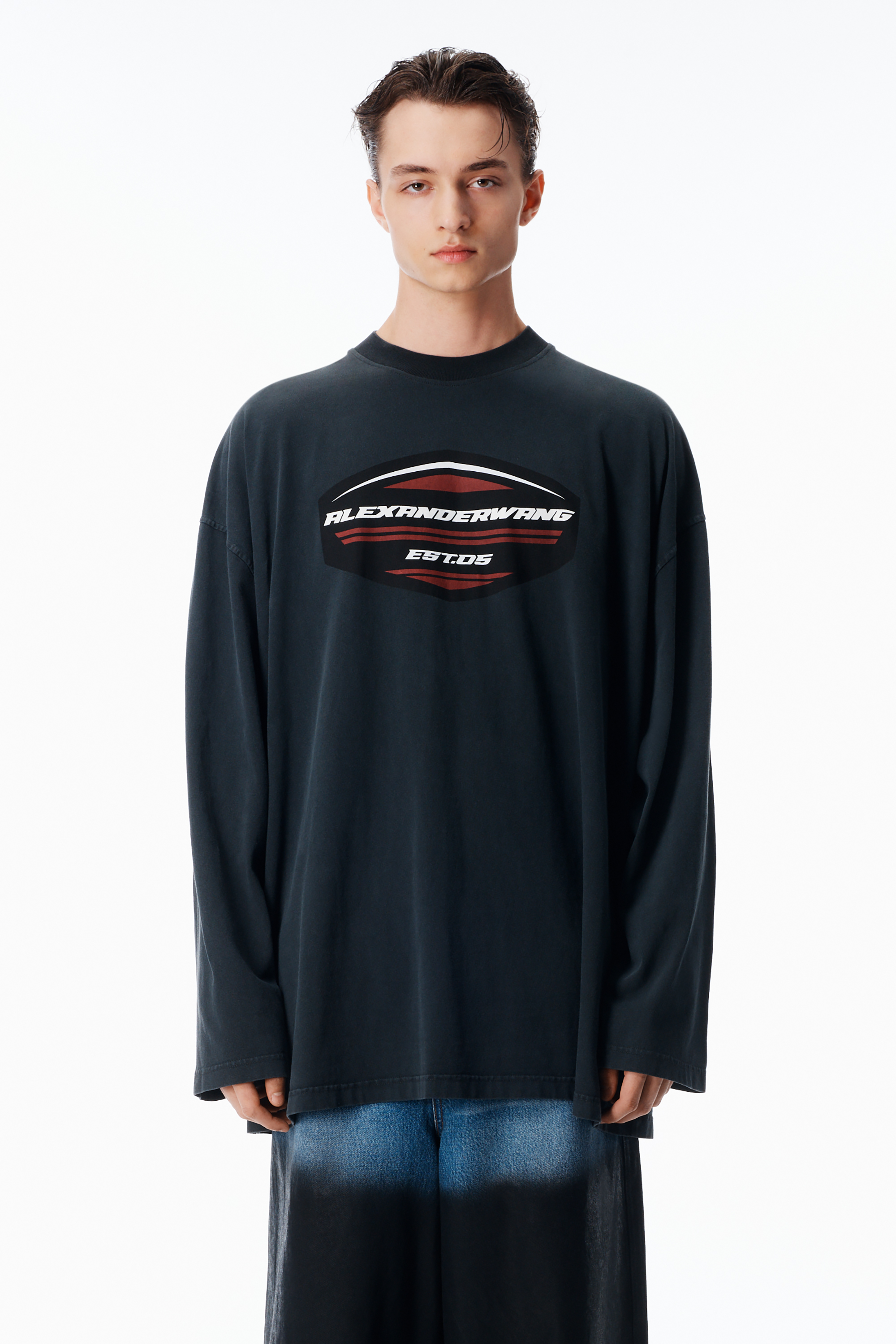 Unisex Long Sleeve Shield Graphic Tee in Jersey Oversized in
