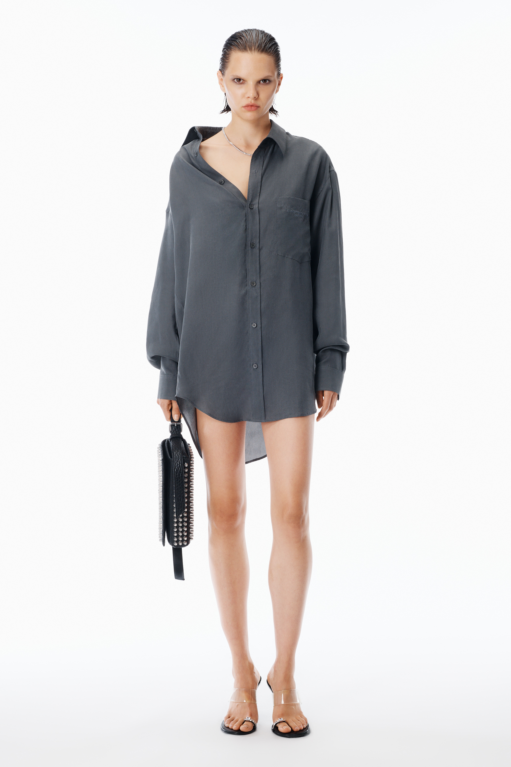 Pre-Styled Off-Shoulder Shirtdress in THUNDER GREY | alexanderwang®