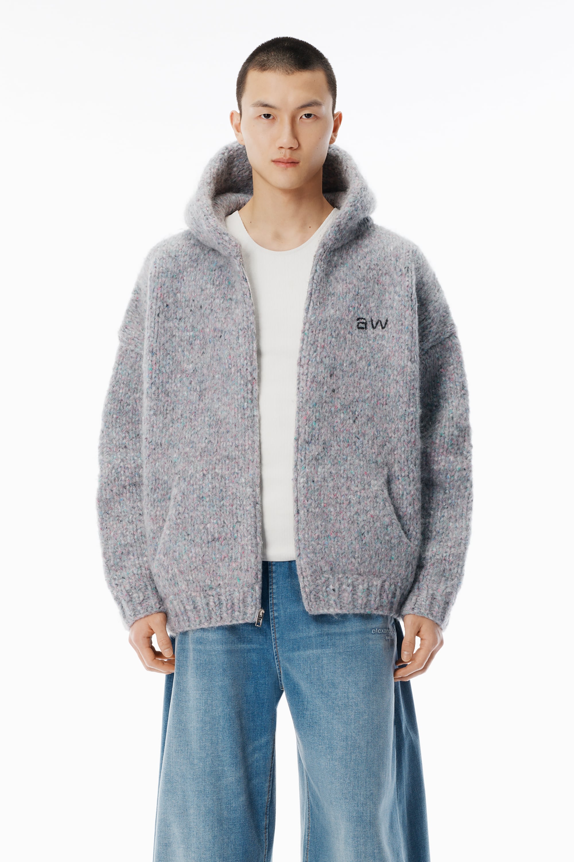 Grey Oversized Crewneck Hoodie with Hand-Crochet Logo in GREY
