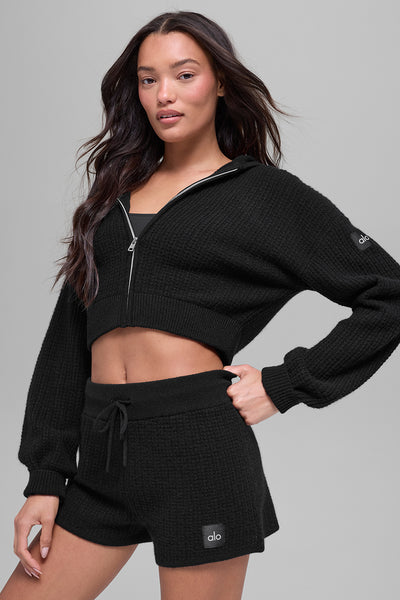 Cashmere Plush Waffle Full Zip Hoodie - Black | ALO