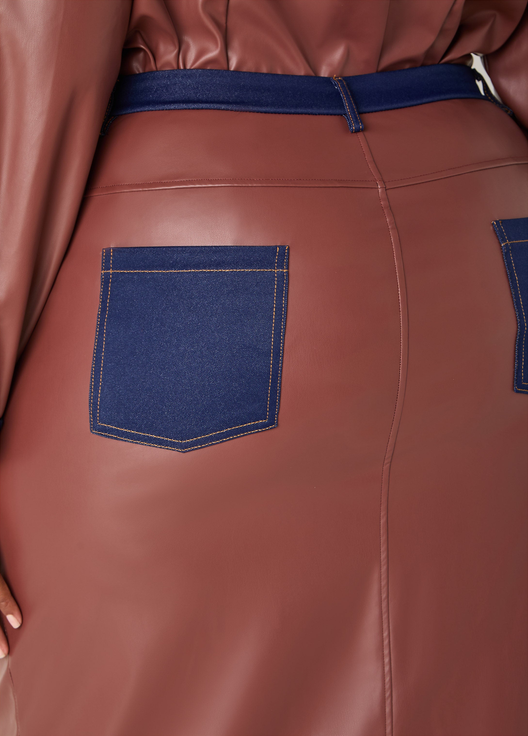 Denim Trimmed Faux Leather Skirt – Ashley Stewart