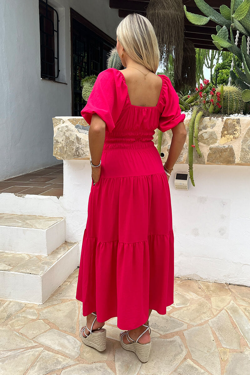 Magenta Puff Sleeve Shirred Waist Smock Midi Dress – AX Paris